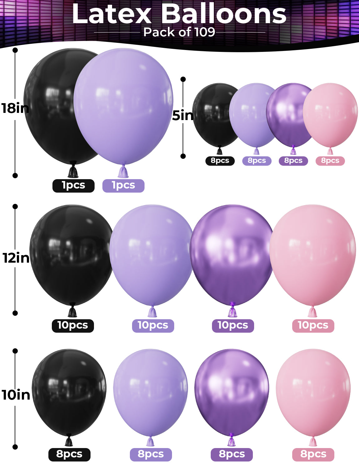 Pink and Purple Balloon Arch Garland Kit, 109PCS Pink Purple Black Balloons with Starburst Foil Balloons, Trendy Music Birthday Decorations for Girls and Teens, Concert and Movie Fans Party Supplies
