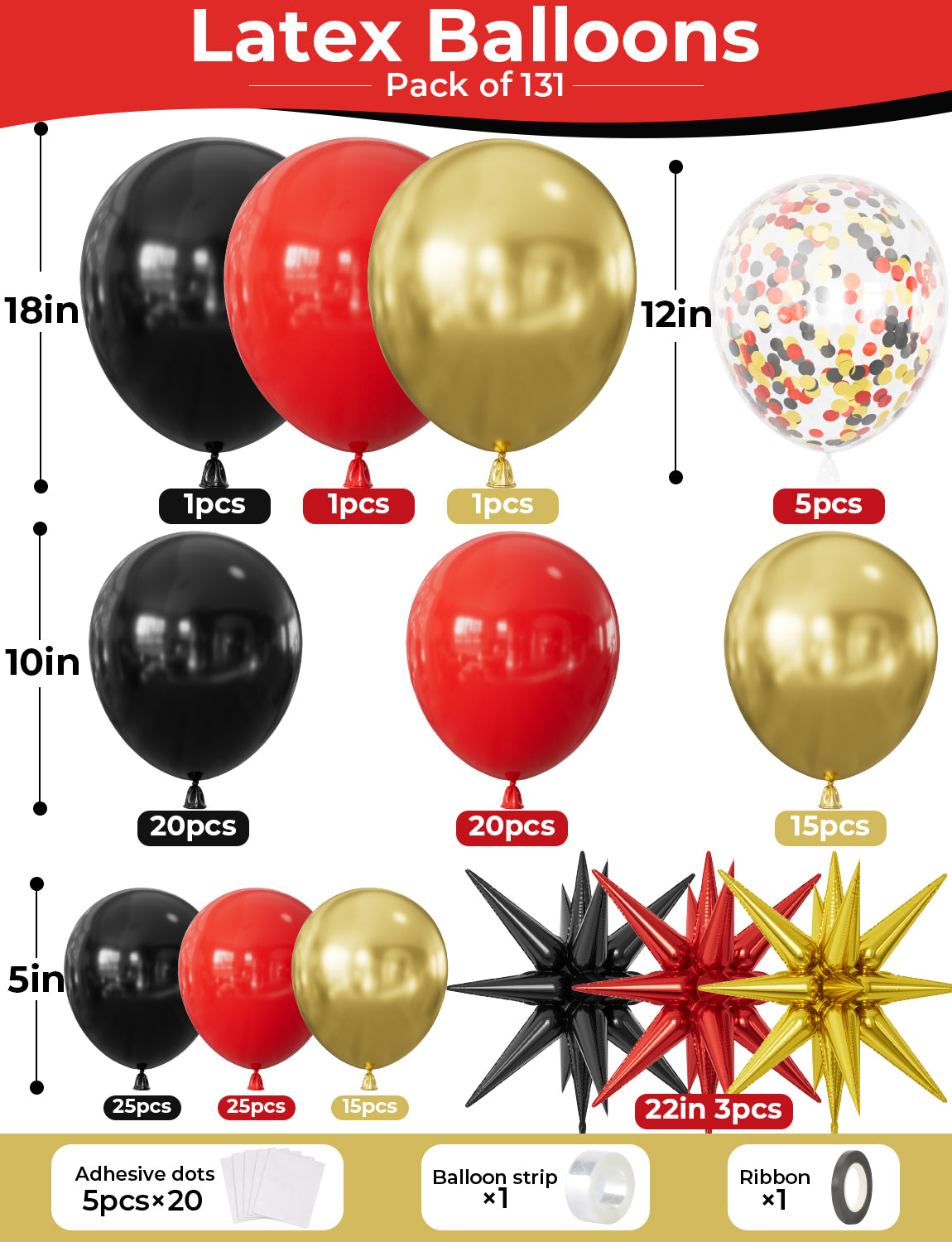 Red Black and Gold Balloons Arch Garland Kit – 131Pcs Latex Balloons with Foil Starburst Balloons for Birthday Hollywood Casino Movie Night New Year Party Decor