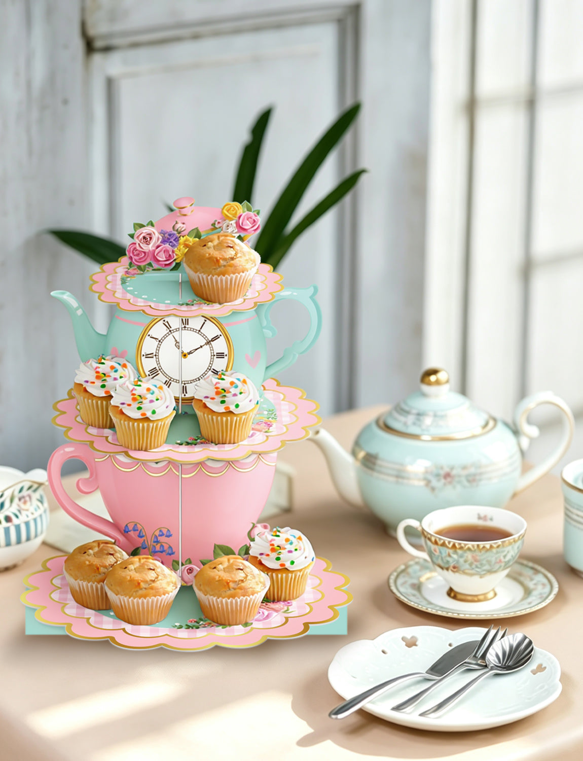 3 Tier Tea Party Cupcake Stand, Floral Teapot Cupcake Holder Large Cardboard Cupcake Stand for Dessert Table Displays, Afternoon Tea Cake Stand for Birthday Baby Shower Tea Party Decor