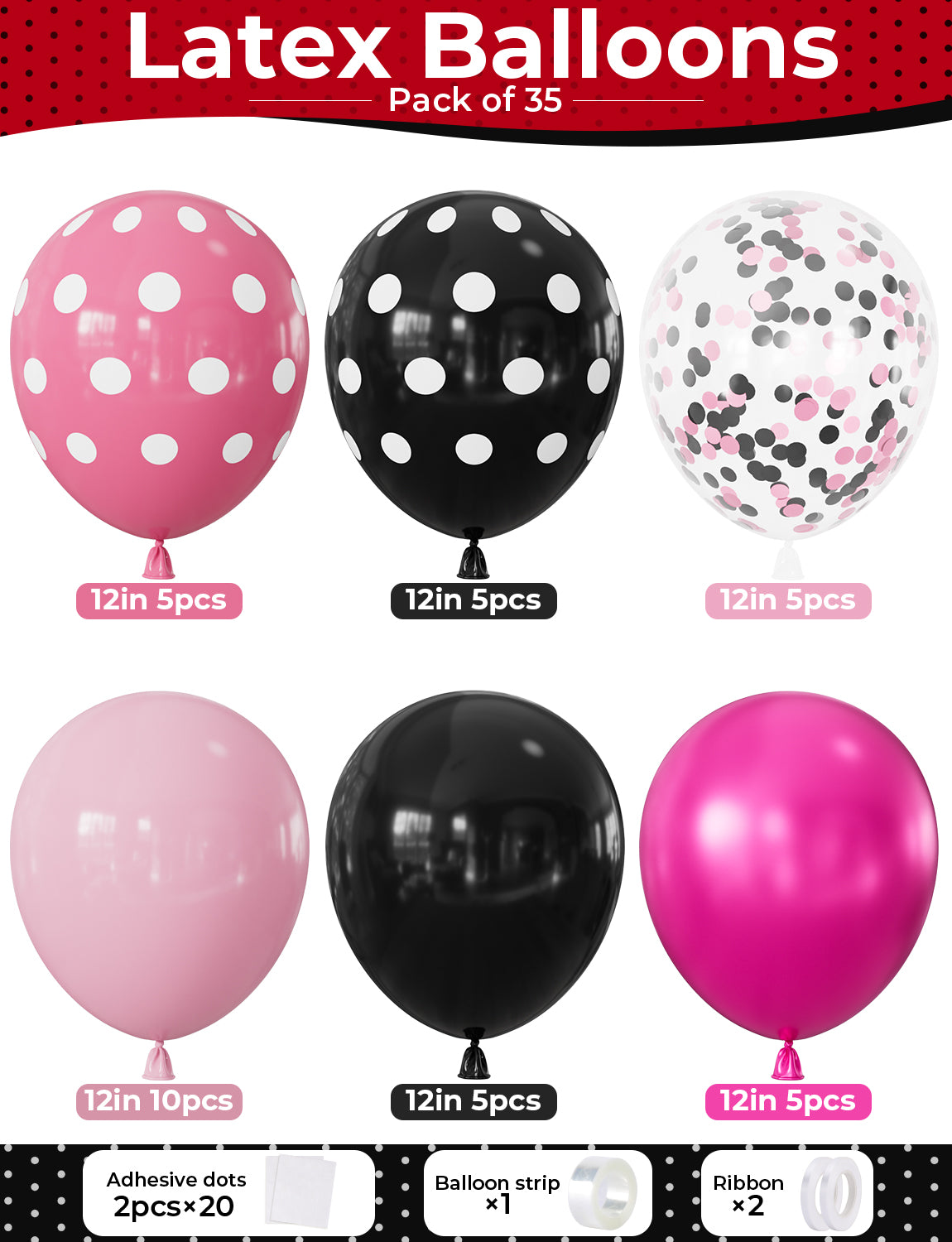 Pink and Black Balloons, Latex Balloons with Polka Dot, Confetti 35 Pcs 12 Inch Hot Pink and Black Balloons, Polka Dot Balloons for Birthday, Baby Shower and Girls' Night Party Decorations