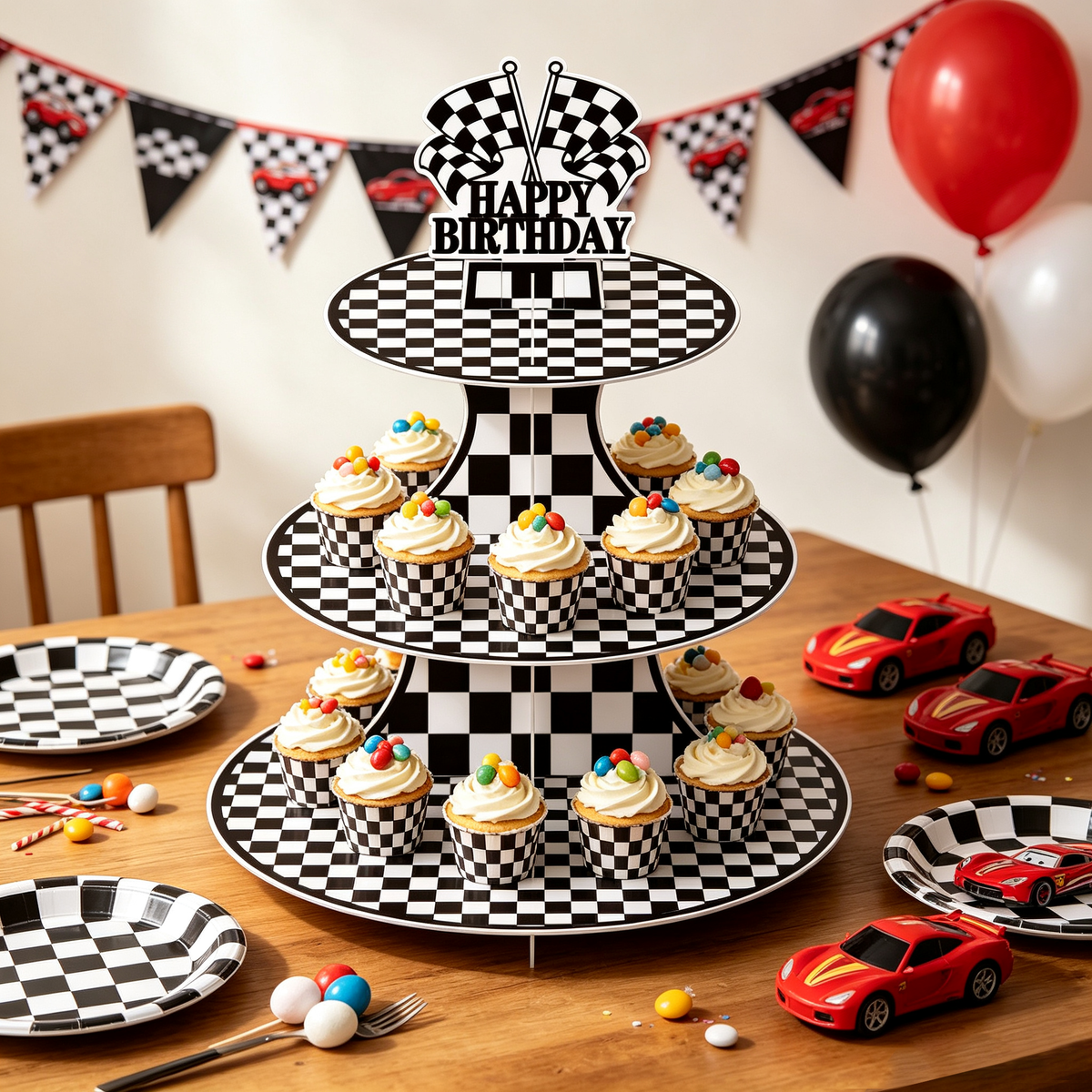 Race Car Cupcake Stand, 3-Tier Checkered Cake Stand for Birthday Large Cardboard Cupcake Stand, Black White Checkered Cupcake Holder for Dessert Table Display, Race Car Birthday Party Decor