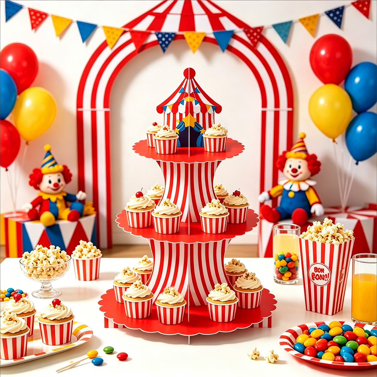3 Tier Cupcake Stand, Circus Carnival Cupcake Holder for Birthday Circus Tent Cake Stand for Dessert Table Displays, Red White Cardboard Cupcake Stand for Baby Shower and Circus Party Decor