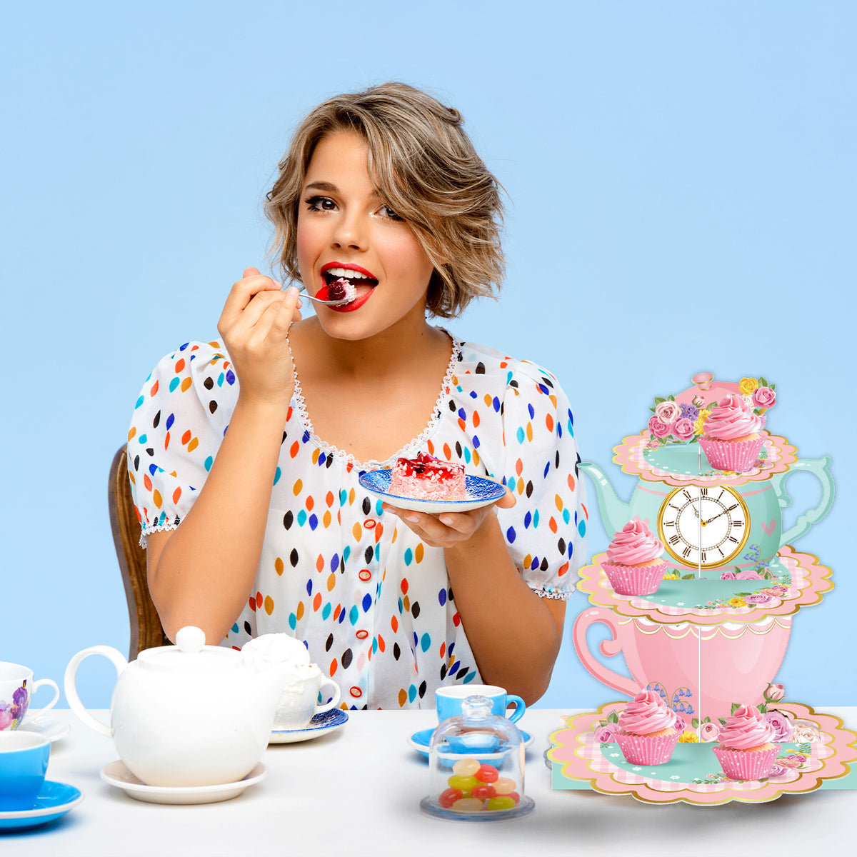 3 Tier Tea Party Cupcake Stand, Floral Teapot Cupcake Holder Large Cardboard Cupcake Stand for Dessert Table Displays, Afternoon Tea Cake Stand for Birthday Baby Shower Tea Party Decor