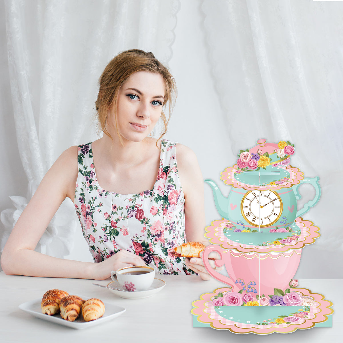 3 Tier Tea Party Cupcake Stand, Floral Teapot Cupcake Holder Large Cardboard Cupcake Stand for Dessert Table Displays, Afternoon Tea Cake Stand for Birthday Baby Shower Tea Party Decor