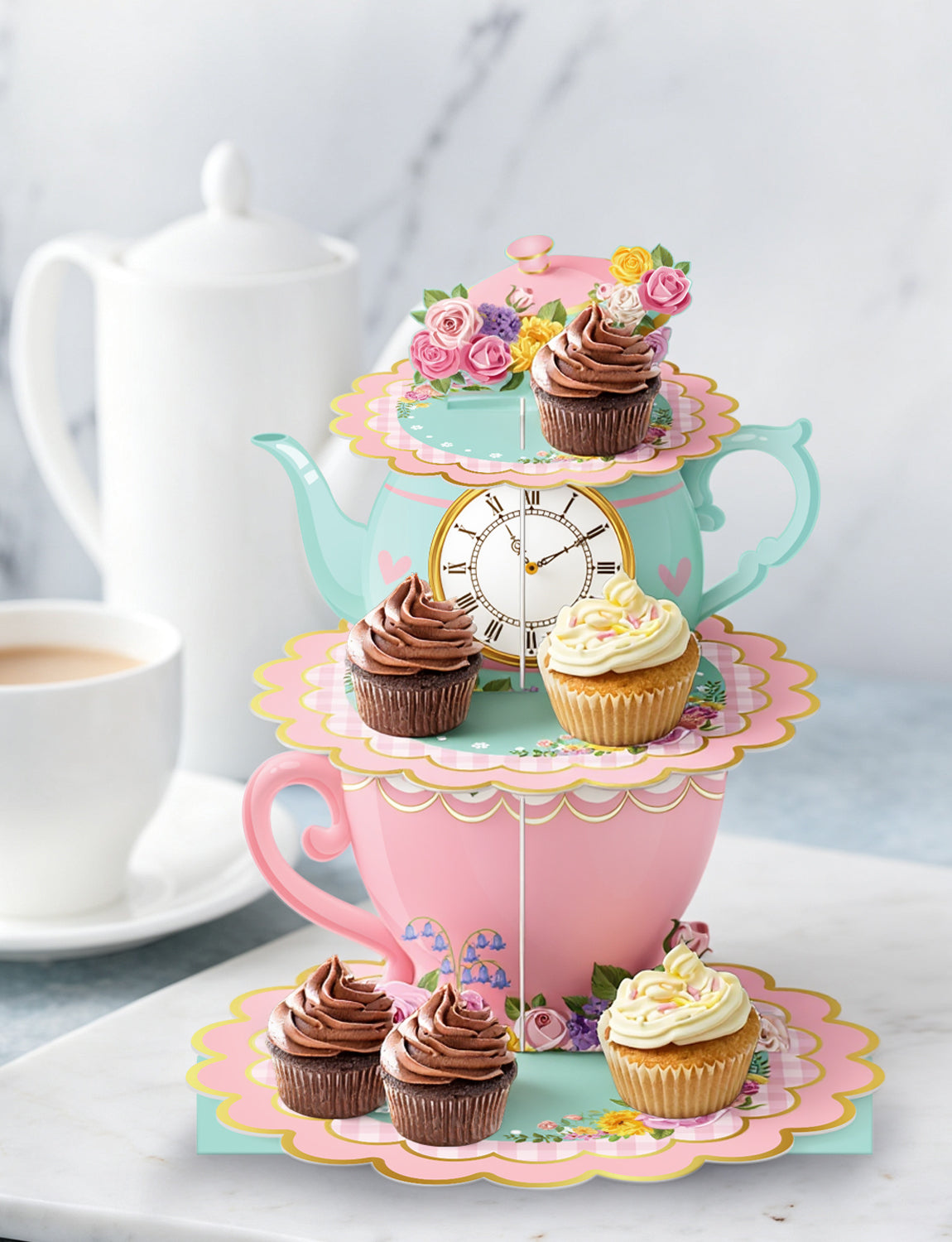 3 Tier Tea Party Cupcake Stand, Floral Teapot Cupcake Holder Large Cardboard Cupcake Stand for Dessert Table Displays, Afternoon Tea Cake Stand for Birthday Baby Shower Tea Party Decor