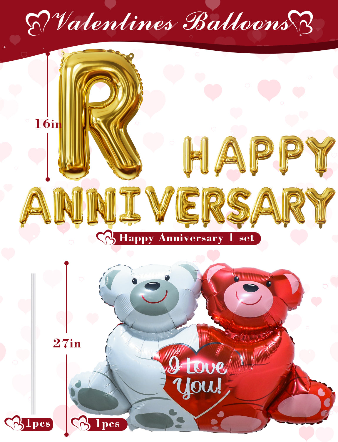 Happy Anniversary Balloon Decorations Set, Red Heart Balloons with Rose Petals, Happy Anniversary Banner, Couple Bear Balloon and Heart Hanging String, Romantic Decor for Valentine's Day,Special Night