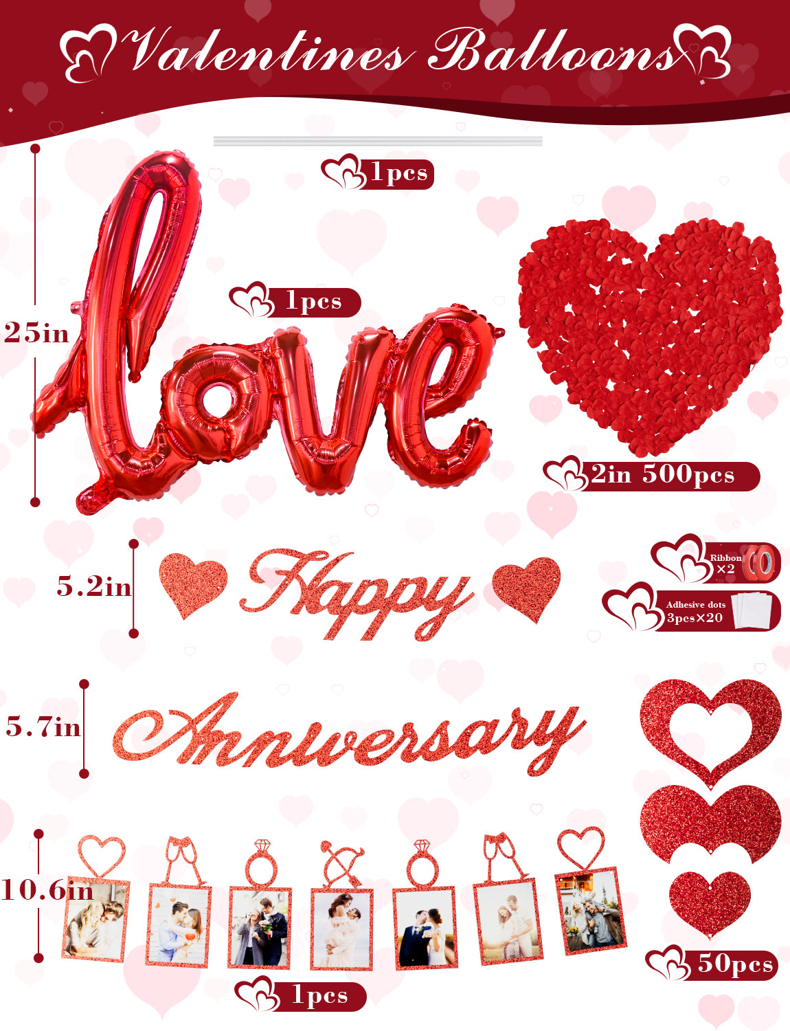 Happy Anniversary Decorations Set, Happy Anniversary Photo Banner, Love Balloon, Red Heart Balloons with Rose Petals, Romantic I Love You Balloons for Valentines Day, Anniversary,Wedding, Proposal
