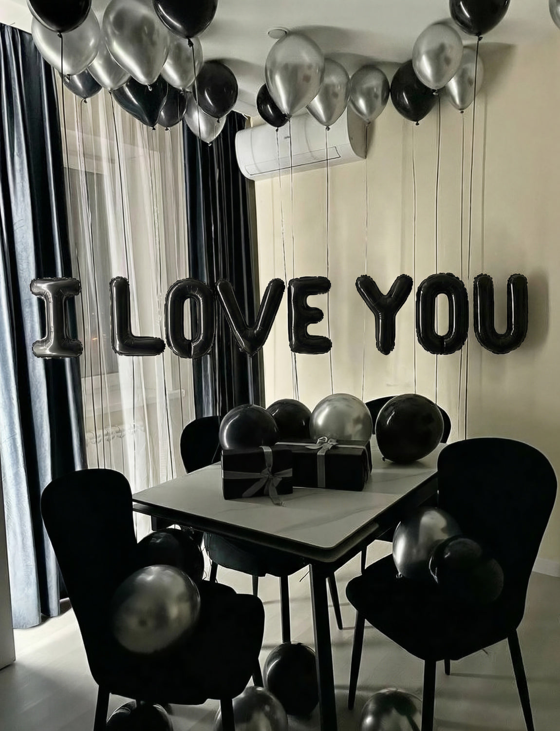 Black I Love You Balloons Kit, Large Foil Black Heart Balloons with Love Letter Banner Balloon, Modern Valentines Day Decorations for Romantic Surprise, Anniversary, Proposal