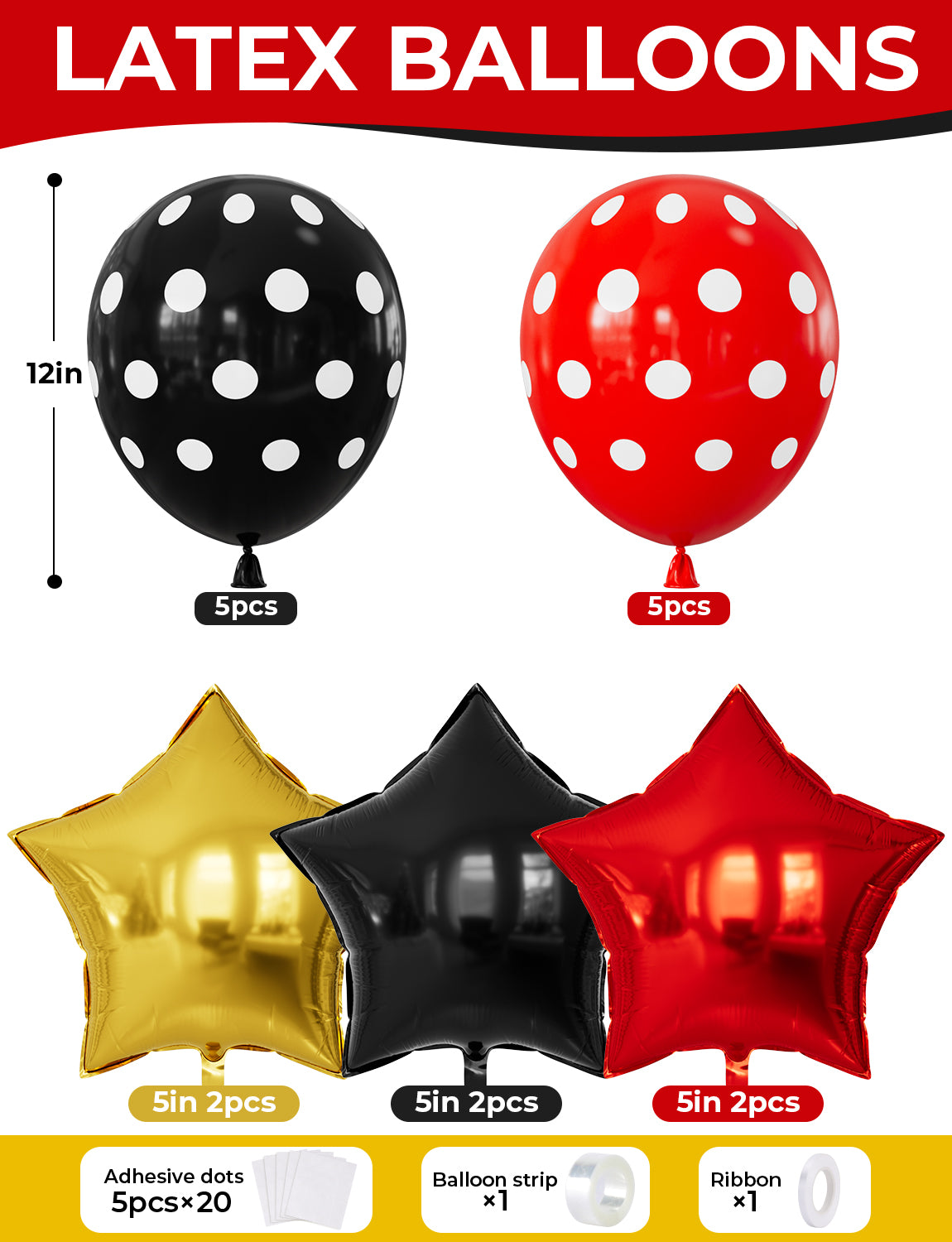 Red Yellow Black Balloon Garland Arch Kit for Cartoon Party Decor 144 Pcs Red Yellow Black Balloons with Polka Dots, Star Foil Balloons, Cartoon Theme Birthday, Baby Shower Party Decor