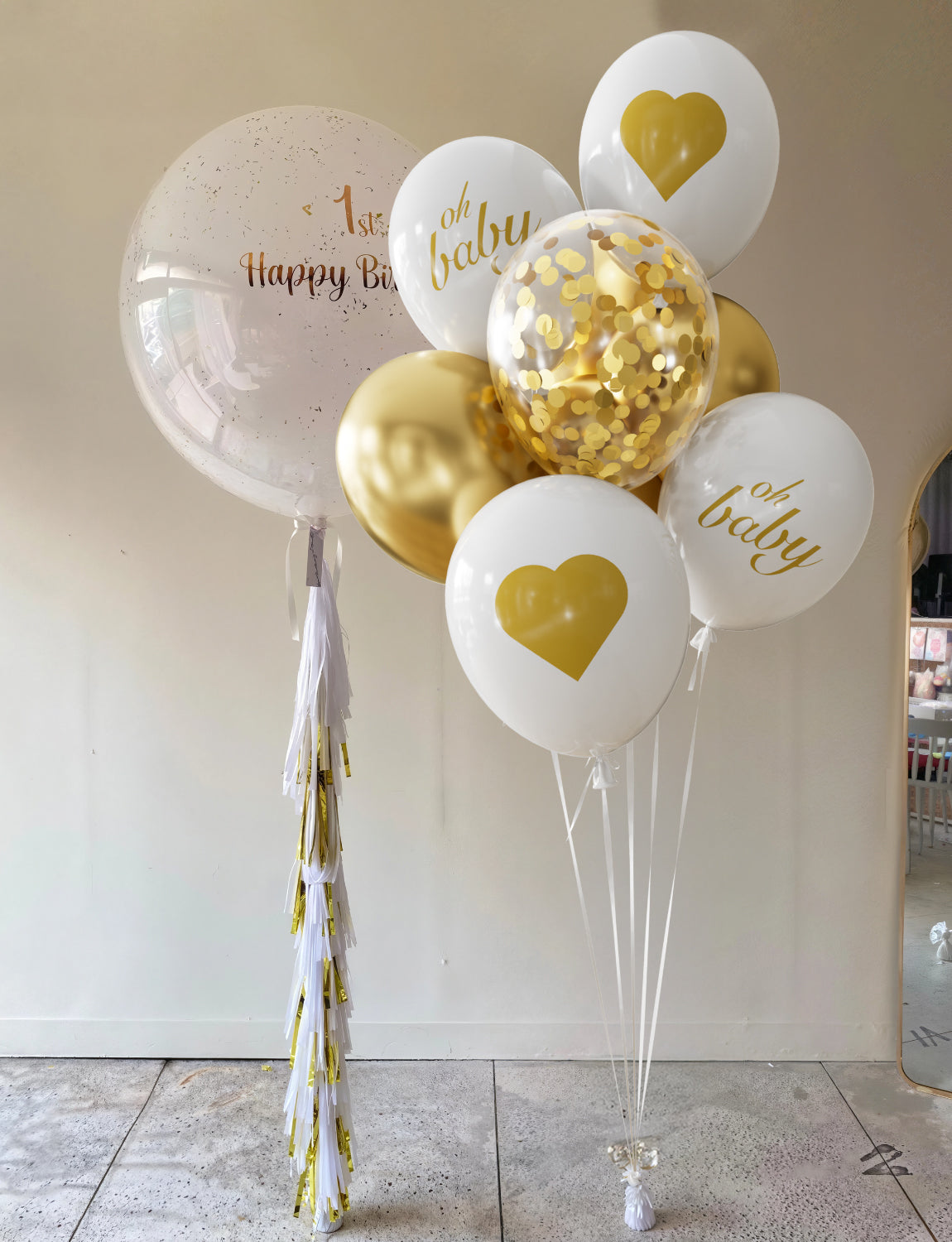 Oh Baby White and Gold Balloons 18pcs Set - 12 Inch Printed Latex Balloons, White Metallic Gold Confetti Balloons for Baby Shower, Gender Reveal, Birthday, Lovely Photo Decorations