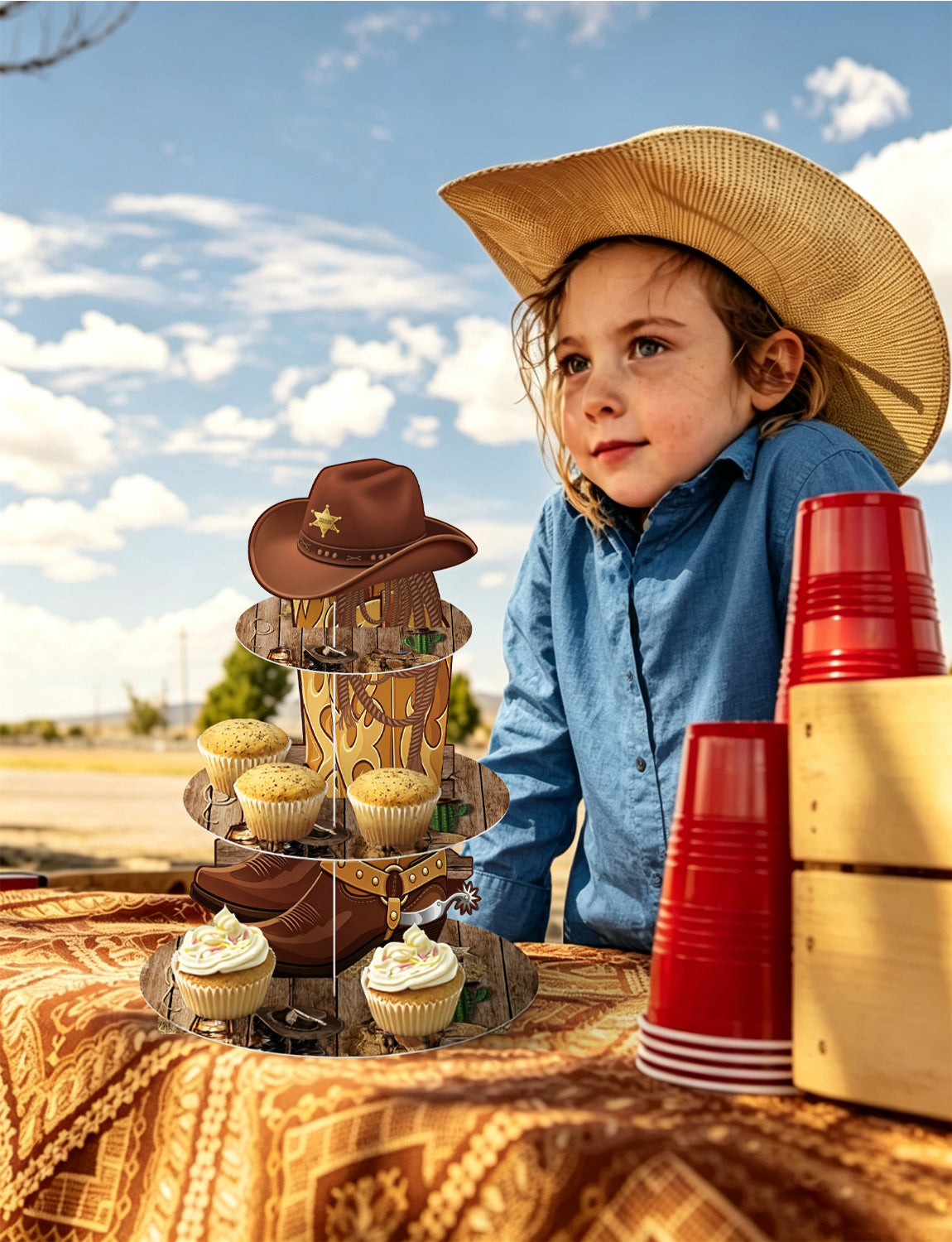 3 Tier Western Cupcake Stand, Cowboy Cupcake Holder for Birthday Western Cup Cake Stand for Dessert Table Display, Cardboard Cupcake Stand for Wild West Birthday Baby Shower Decorations