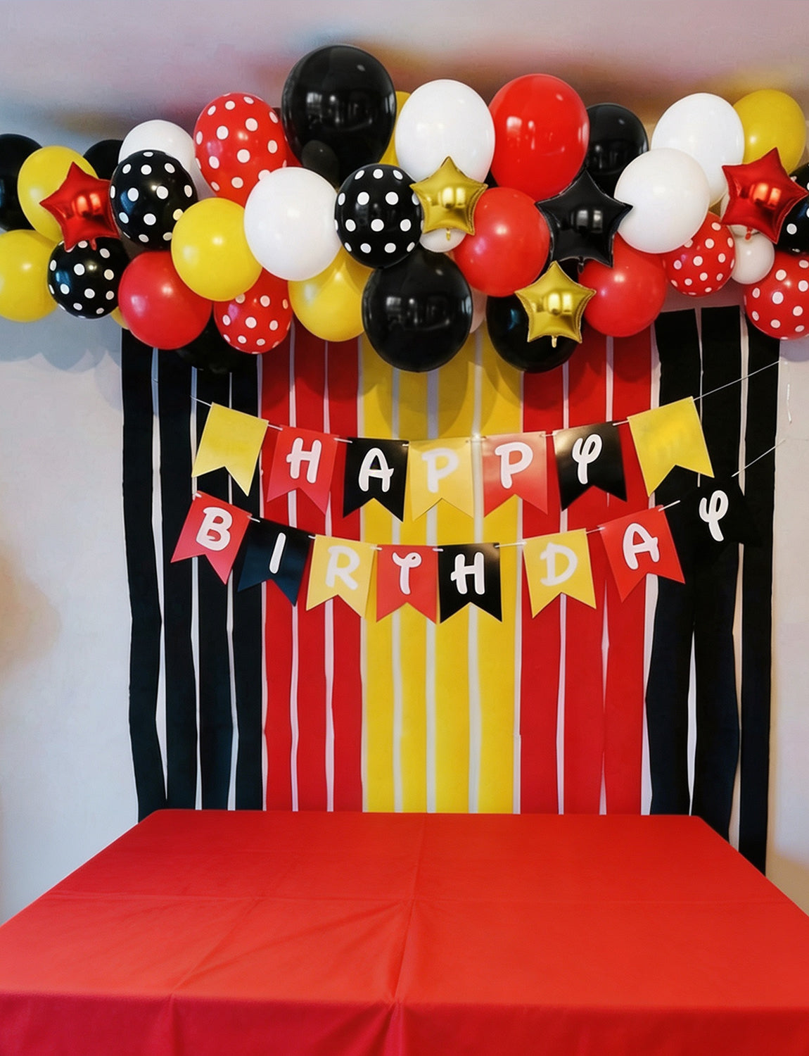 Red Yellow Black Balloon Garland Arch Kit for Cartoon Party Decor 144 Pcs Red Yellow Black Balloons with Polka Dots, Star Foil Balloons, Cartoon Theme Birthday, Baby Shower Party Decor