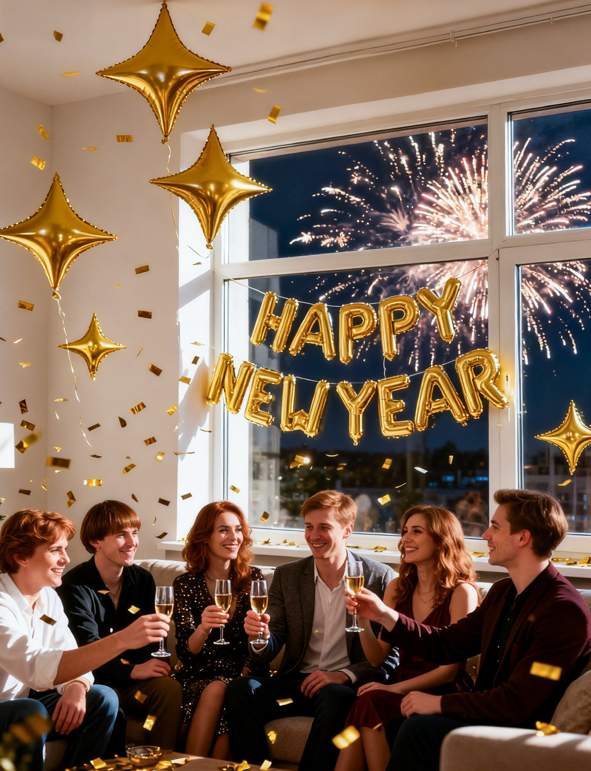 Gold Happy New Year Balloons Set, 16 Inch Gold Foil Letter Balloons with Star Balloons, 2026 New Year Eve Party Decorations, Festive Celebration Supplies for Countdown, Home, Bar & Photo Booth Decor