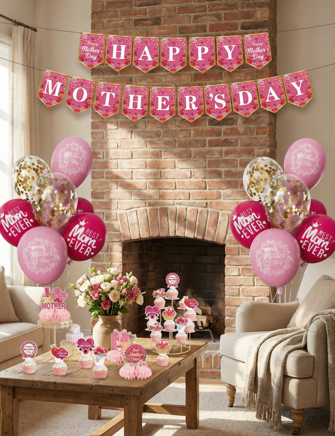 Mothers Day Decorations Set, Pink Happy Mothers Day Banner with Mom Printed Balloons, Cupcake Toppers and Honeycomb Centerpieces, All-in-1 Best Mom Party Supplies for Mother's Day Celebration