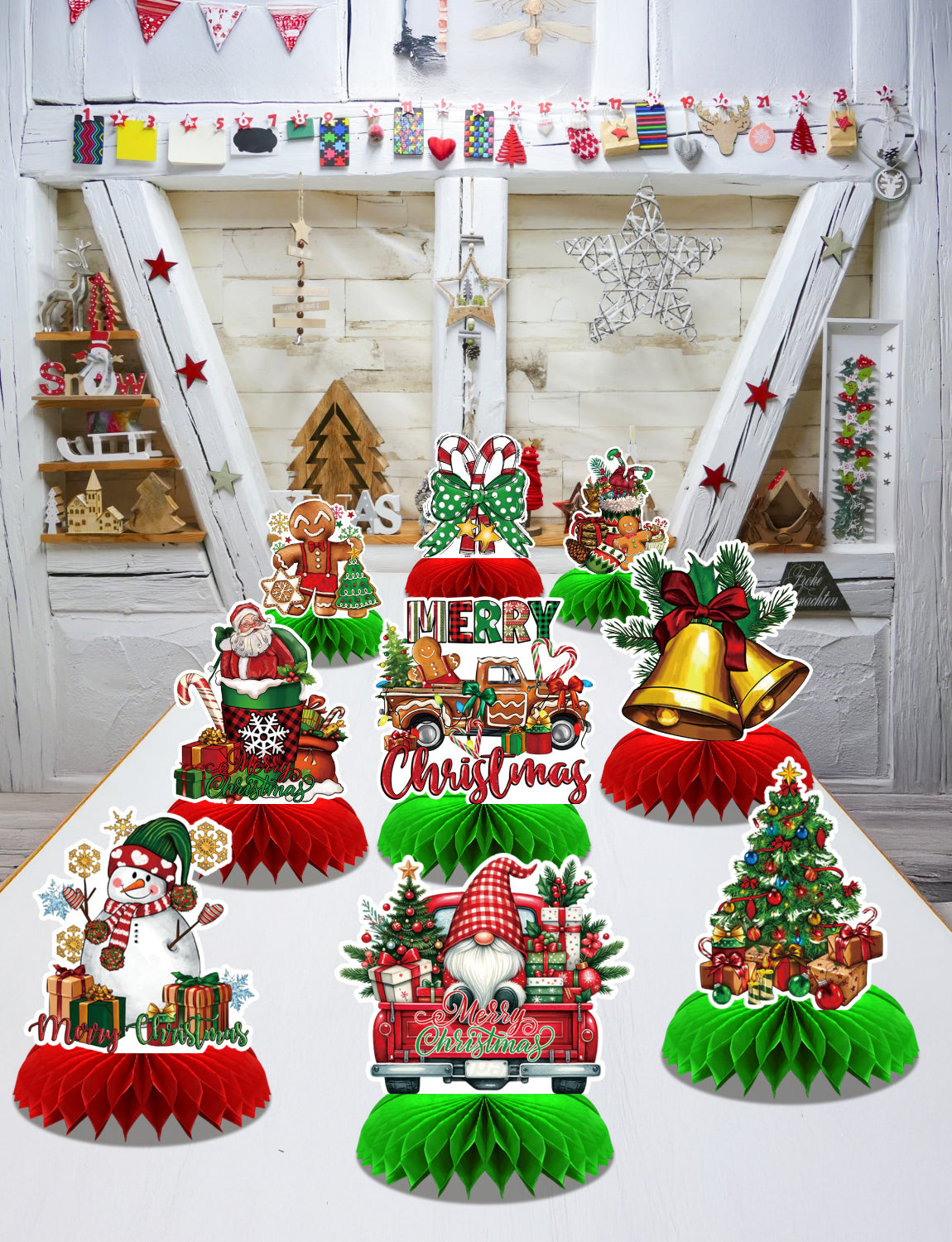 Christmas Party Table Decorations, 9Pcs 3D Christmas Honeycomb Centerpieces with Santa Claus & Snowman Designs, Festive Table Toppers for Winter Christmas Party Supplies