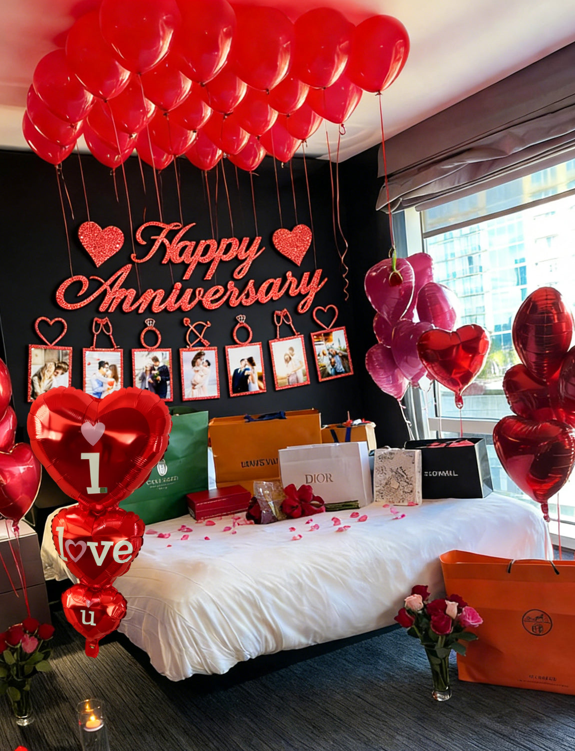 Happy Anniversary Decorations Set, Happy Anniversary Photo Banner, Love Balloon, Red Heart Balloons with Rose Petals, Romantic I Love You Balloons for Valentines Day, Anniversary,Wedding, Proposal