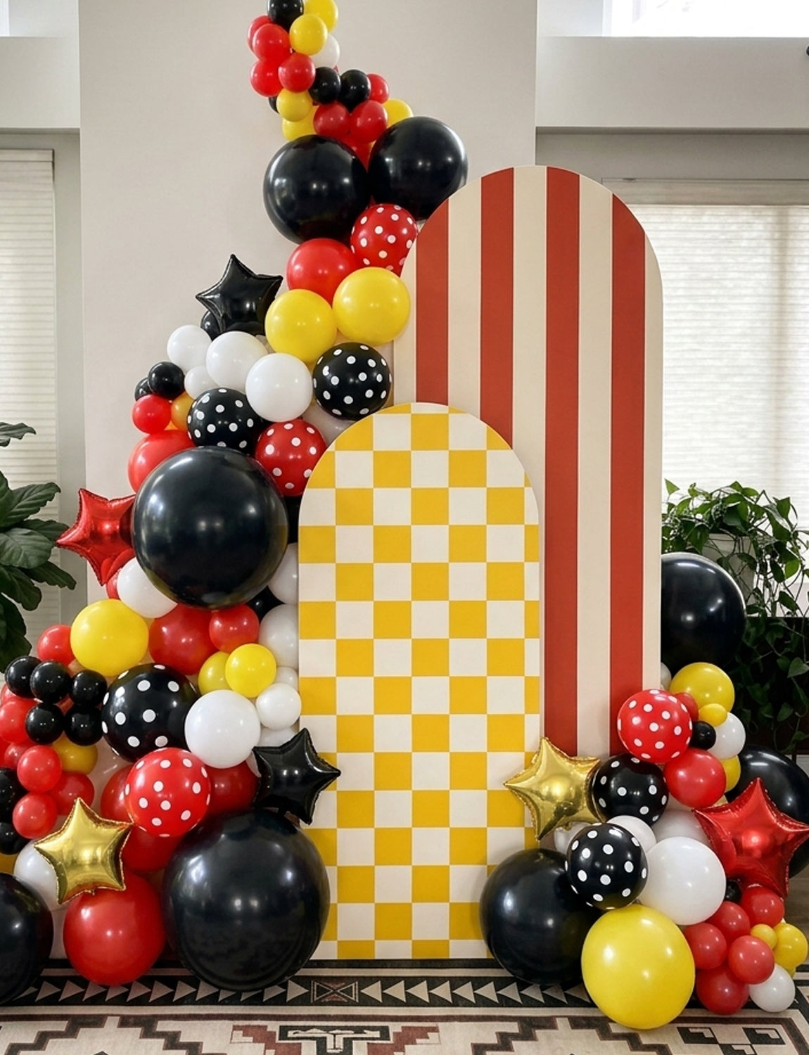 Red Yellow Black Balloon Garland Arch Kit for Cartoon Party Decor 144 Pcs Red Yellow Black Balloons with Polka Dots, Star Foil Balloons, Cartoon Theme Birthday, Baby Shower Party Decor