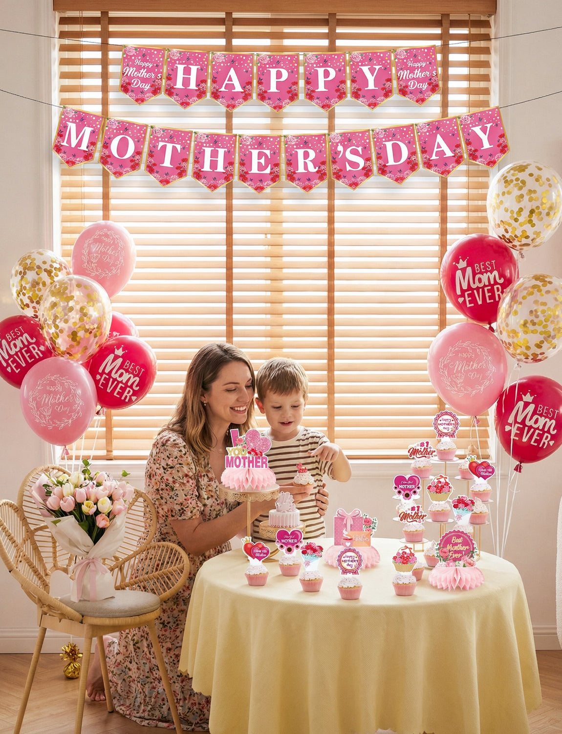 Mothers Day Decorations Set, Pink Happy Mothers Day Banner with Mom Printed Balloons, Cupcake Toppers and Honeycomb Centerpieces, All-in-1 Best Mom Party Supplies for Mother's Day Celebration