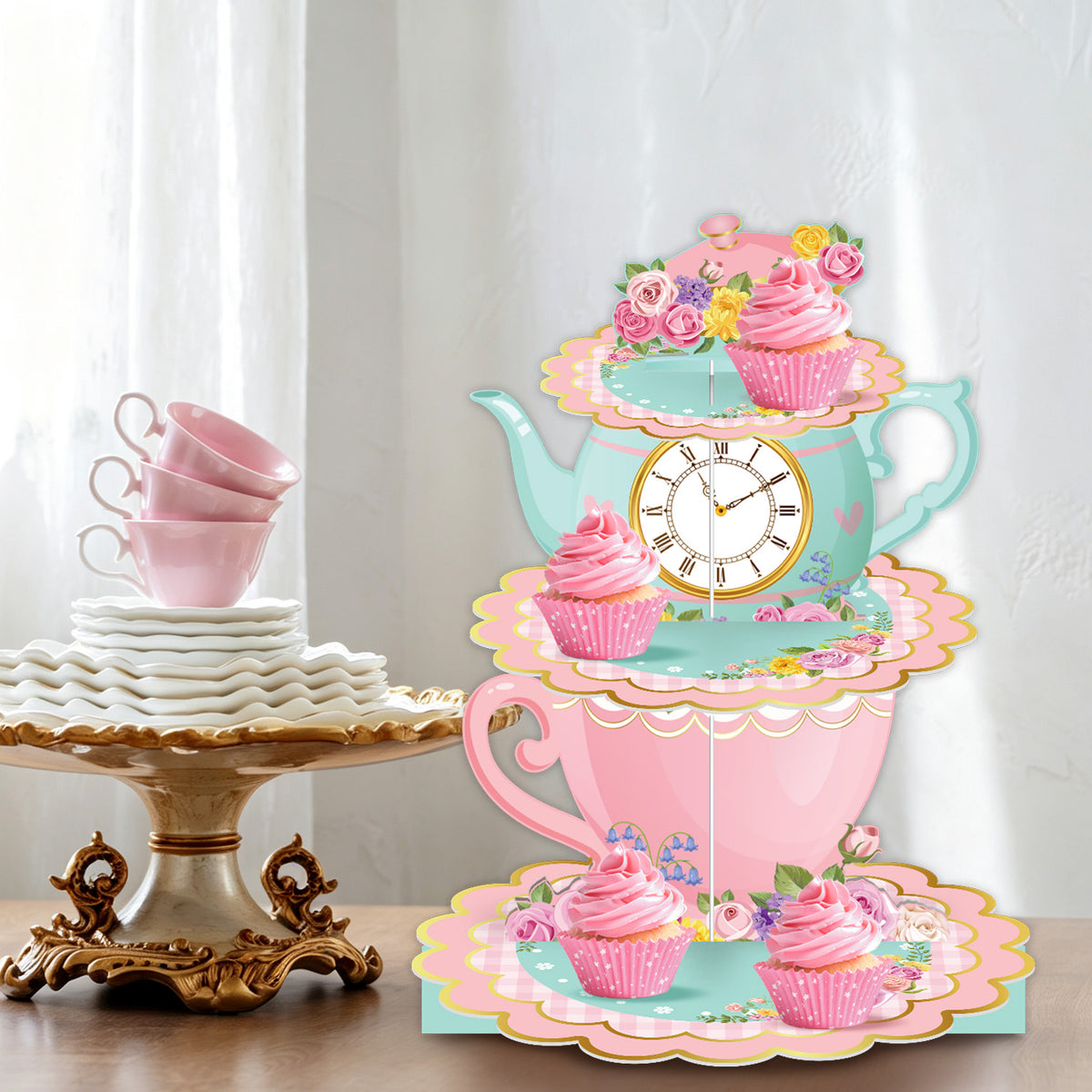 3 Tier Tea Party Cupcake Stand, Floral Teapot Cupcake Holder Large Cardboard Cupcake Stand for Dessert Table Displays, Afternoon Tea Cake Stand for Birthday Baby Shower Tea Party Decor