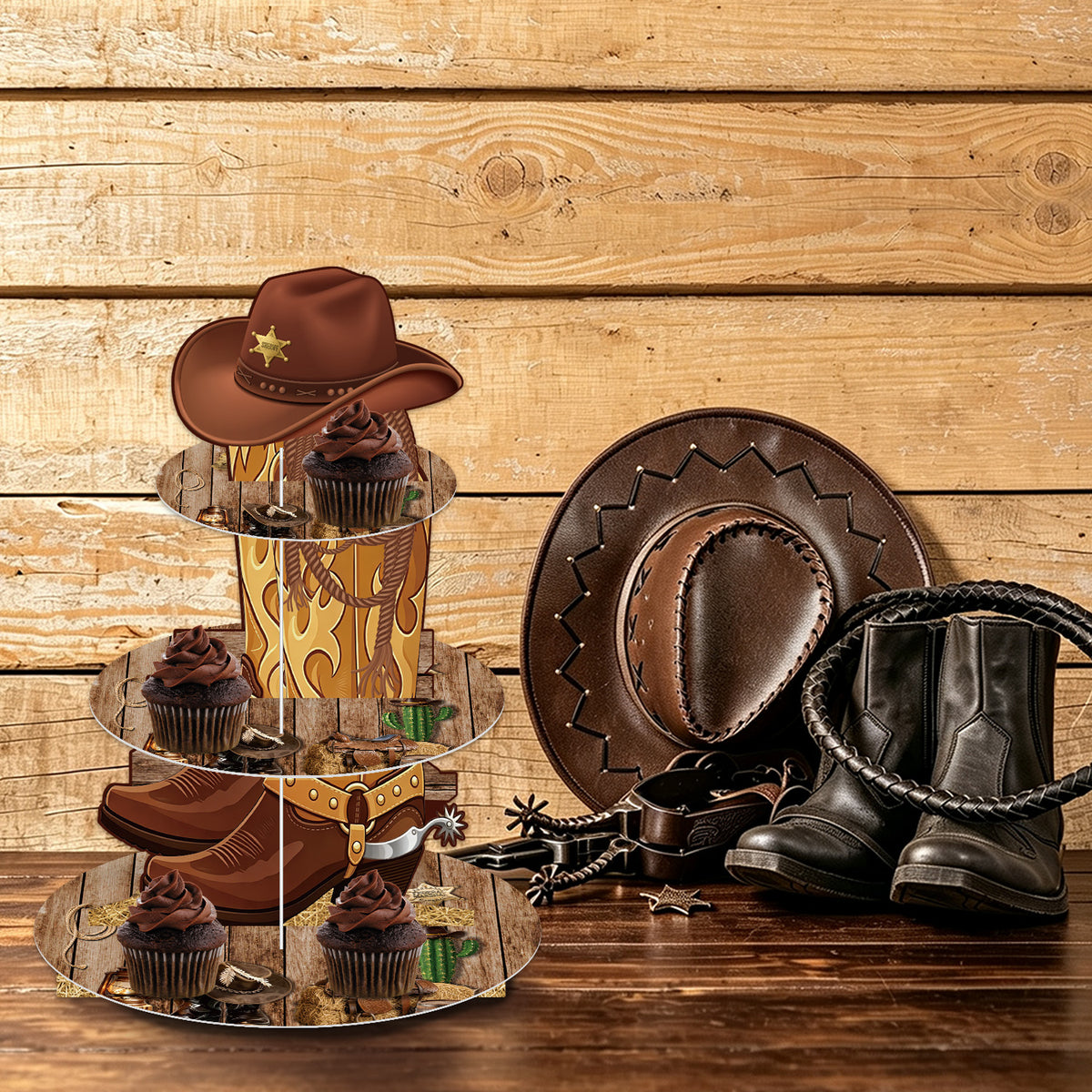 3 Tier Western Cupcake Stand, Cowboy Cupcake Holder for Birthday Western Cup Cake Stand for Dessert Table Display, Cardboard Cupcake Stand for Wild West Birthday Baby Shower Decorations