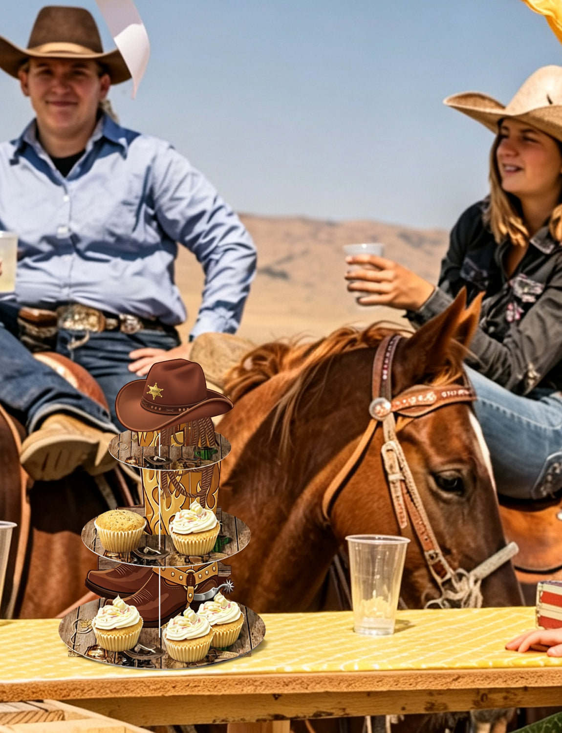 3 Tier Western Cupcake Stand, Cowboy Cupcake Holder for Birthday Western Cup Cake Stand for Dessert Table Display, Cardboard Cupcake Stand for Wild West Birthday Baby Shower Decorations