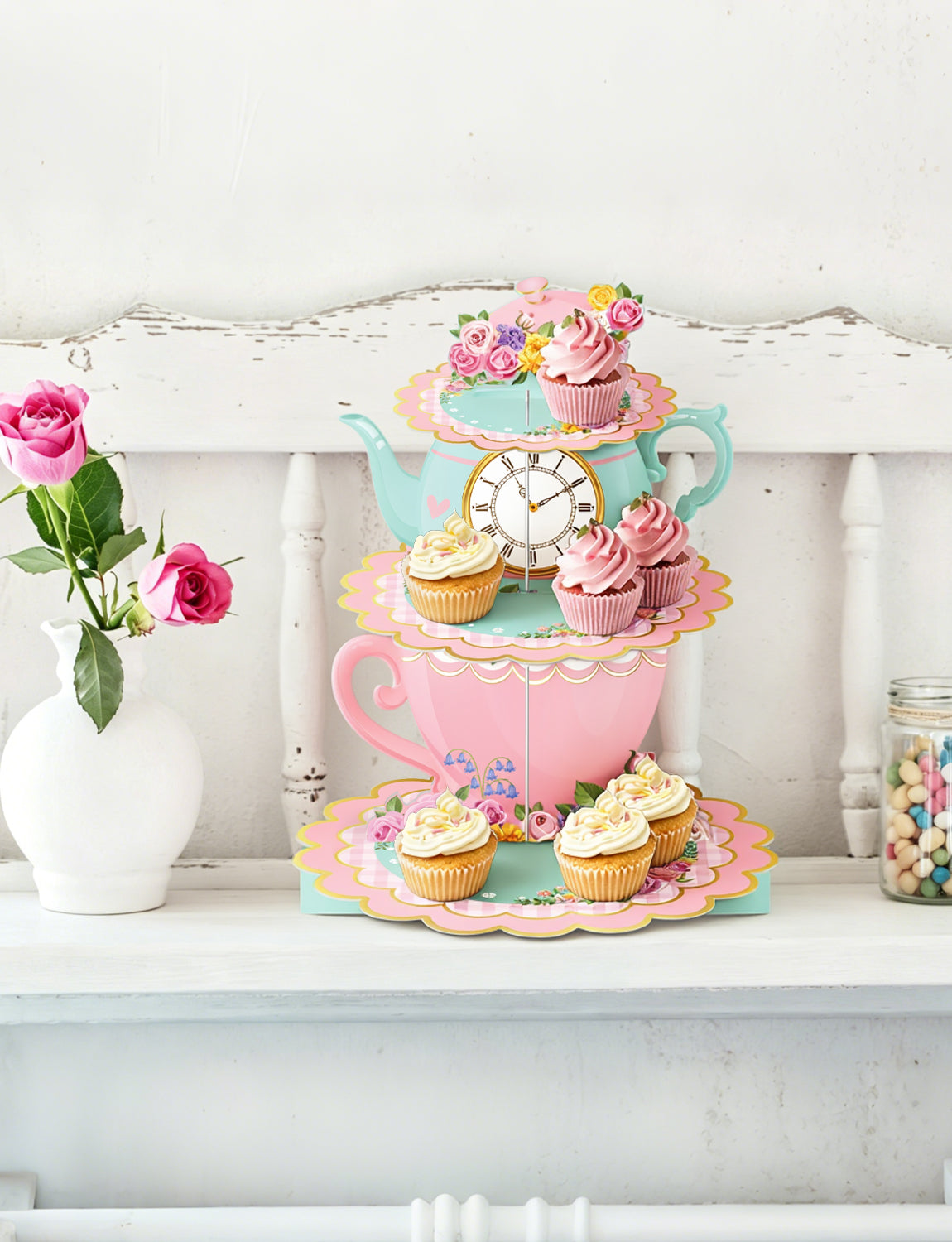 3 Tier Tea Party Cupcake Stand, Floral Teapot Cupcake Holder Large Cardboard Cupcake Stand for Dessert Table Displays, Afternoon Tea Cake Stand for Birthday Baby Shower Tea Party Decor