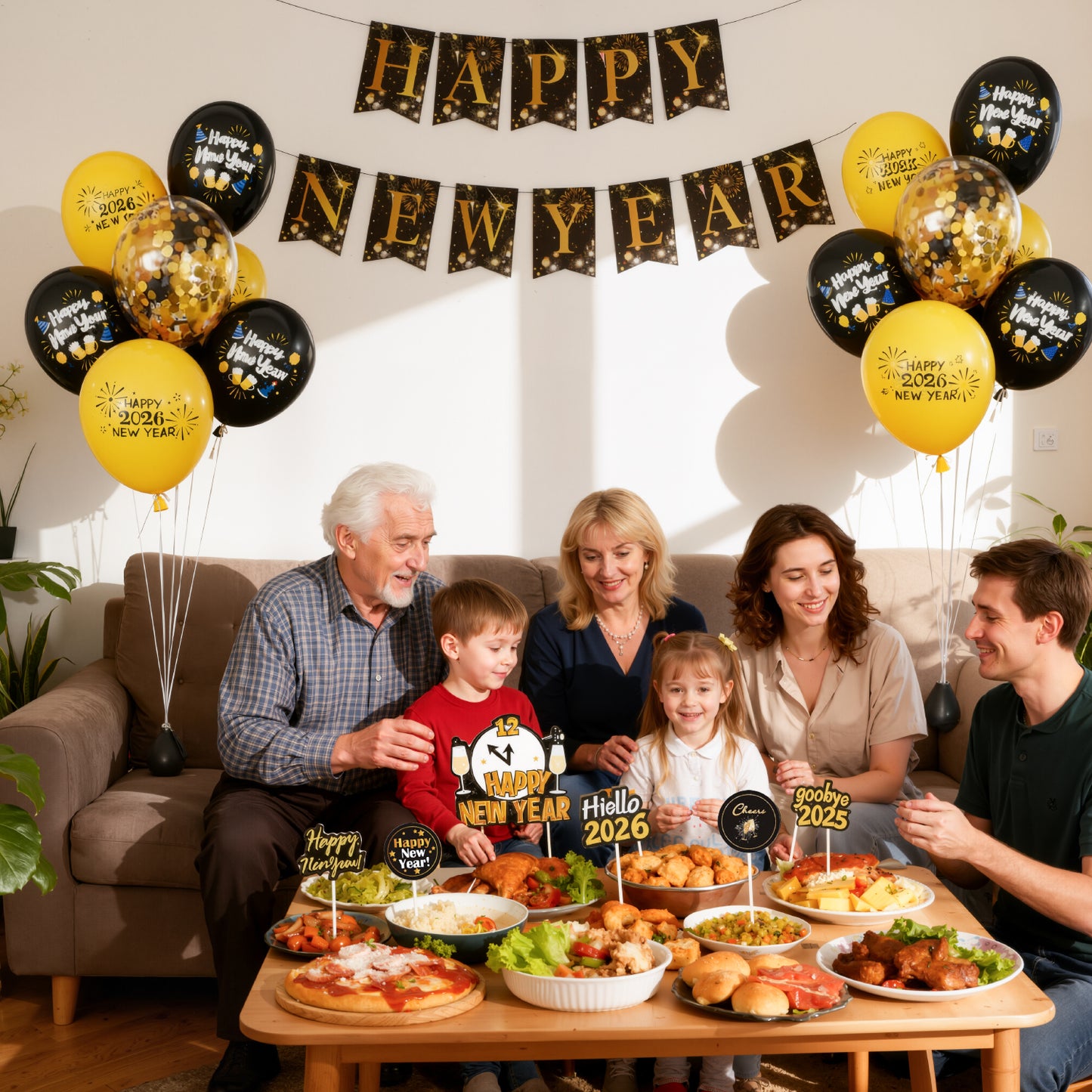 Happy New Year Decorations 2026 Set – Black & Gold Balloons, Happy New Year Banner, Cupcake Toppers, New Years Eve Party Supplies for Countdown Celebration & Home Decor