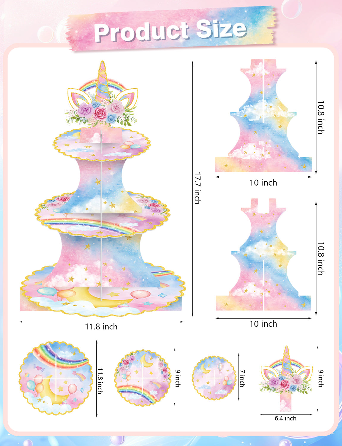 3 Tier Rainbow Cupcake Stand, Pastel CupCake Holder for Birthday Pink Blue Cardboard Cupcake Stand for Dessert Table Display, Rainbow Cup cake Stand for Birthday, Baby Shower, Wedding Decor