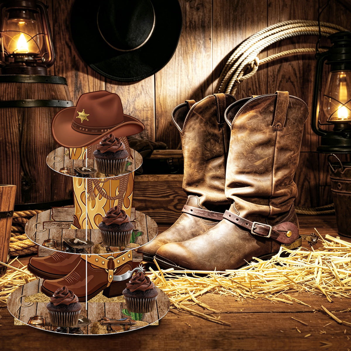 3 Tier Western Cupcake Stand, Cowboy Cupcake Holder for Birthday Western Cup Cake Stand for Dessert Table Display, Cardboard Cupcake Stand for Wild West Birthday Baby Shower Decorations