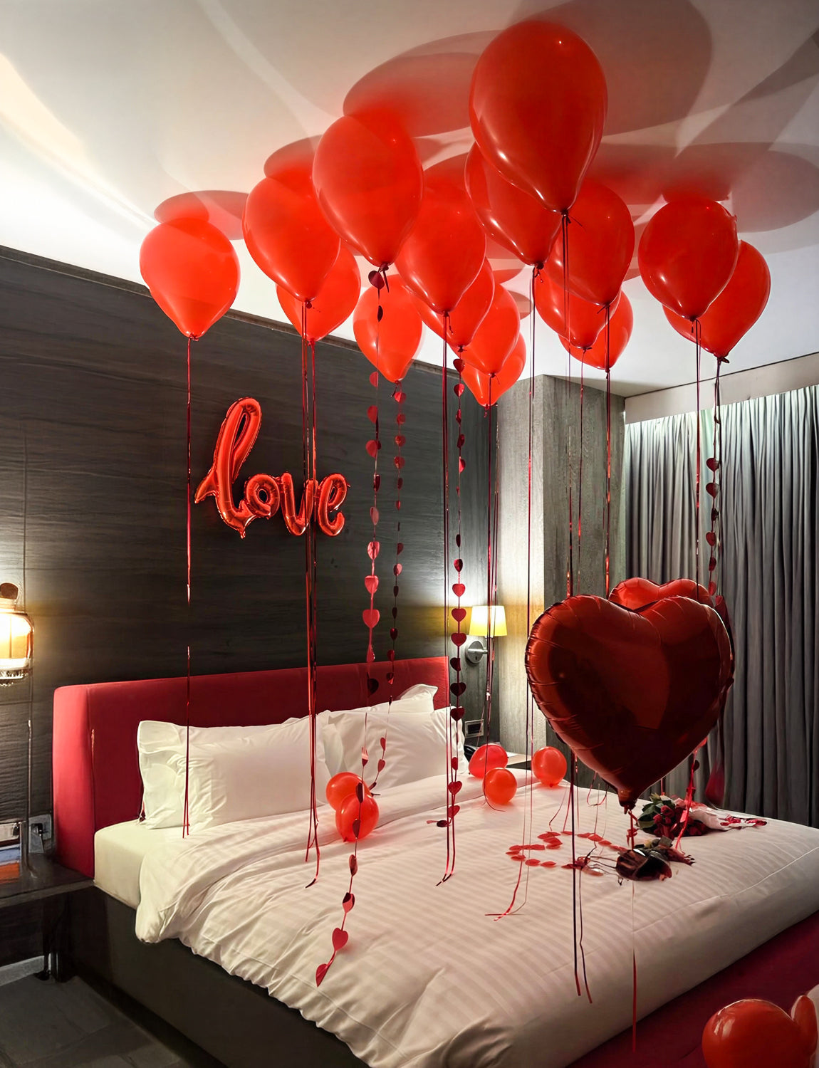 Valentines Day Decorations Set, Red Heart Balloons with Love Balloon, Fake Rose Petals and Red Confetti Balloons, Romantic Decor for Valentines, Proposal, Anniversary, Special Night, Bedroom Surprise