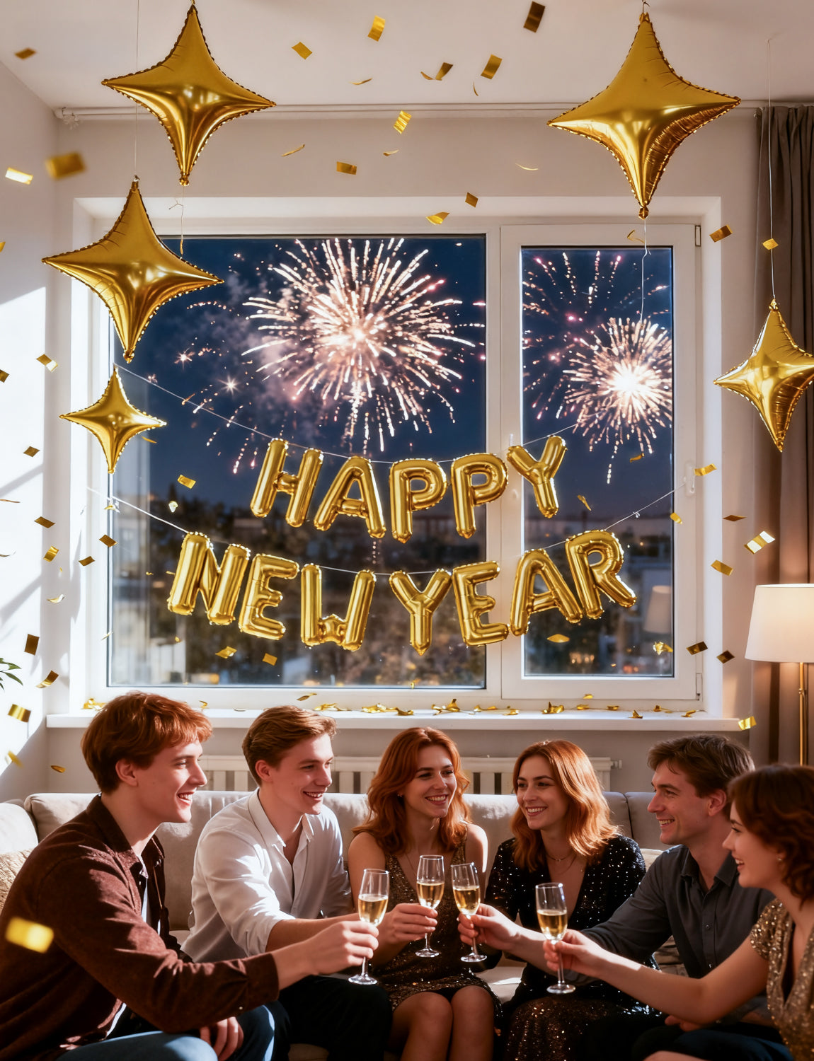 Gold Happy New Year Balloons Set, 16 Inch Gold Foil Letter Balloons with Star Balloons, 2026 New Year Eve Party Decorations, Festive Celebration Supplies for Countdown, Home, Bar & Photo Booth Decor