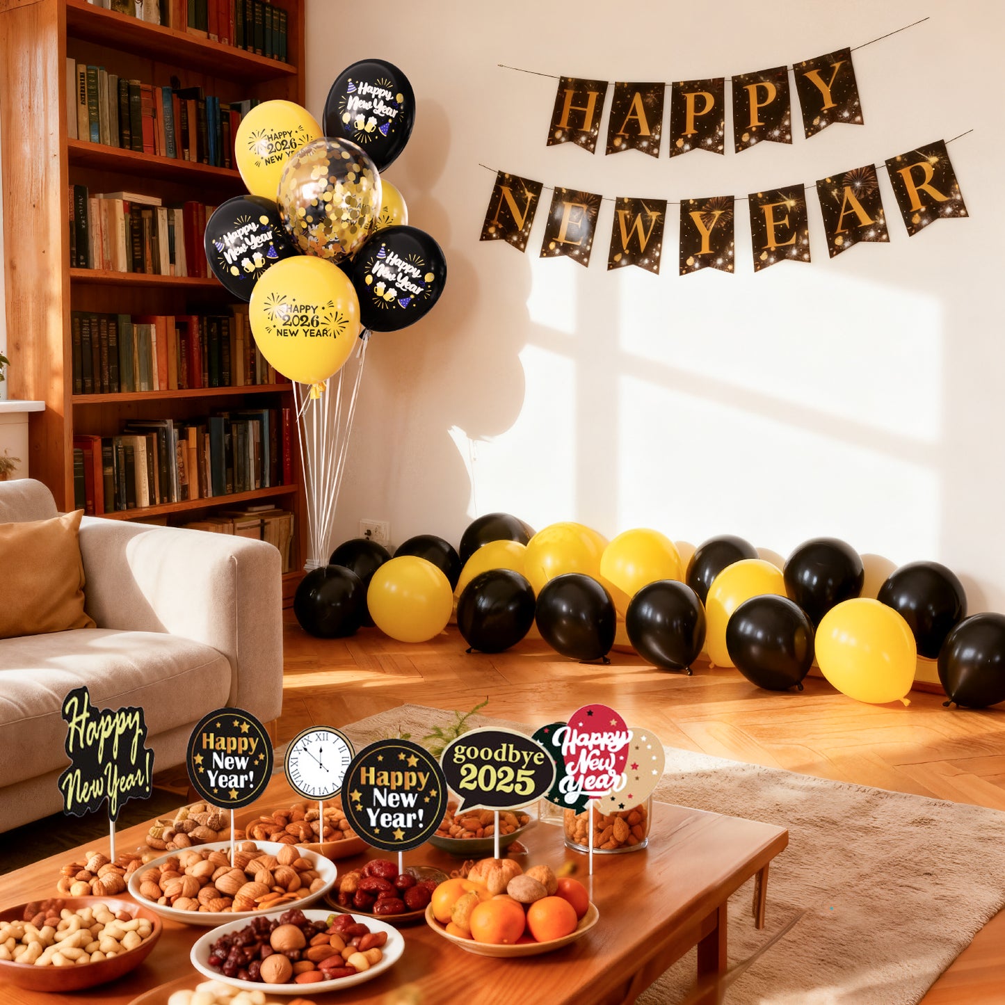 Happy New Year Decorations 2026 Set – Black & Gold Balloons, Happy New Year Banner, Cupcake Toppers, New Years Eve Party Supplies for Countdown Celebration & Home Decor