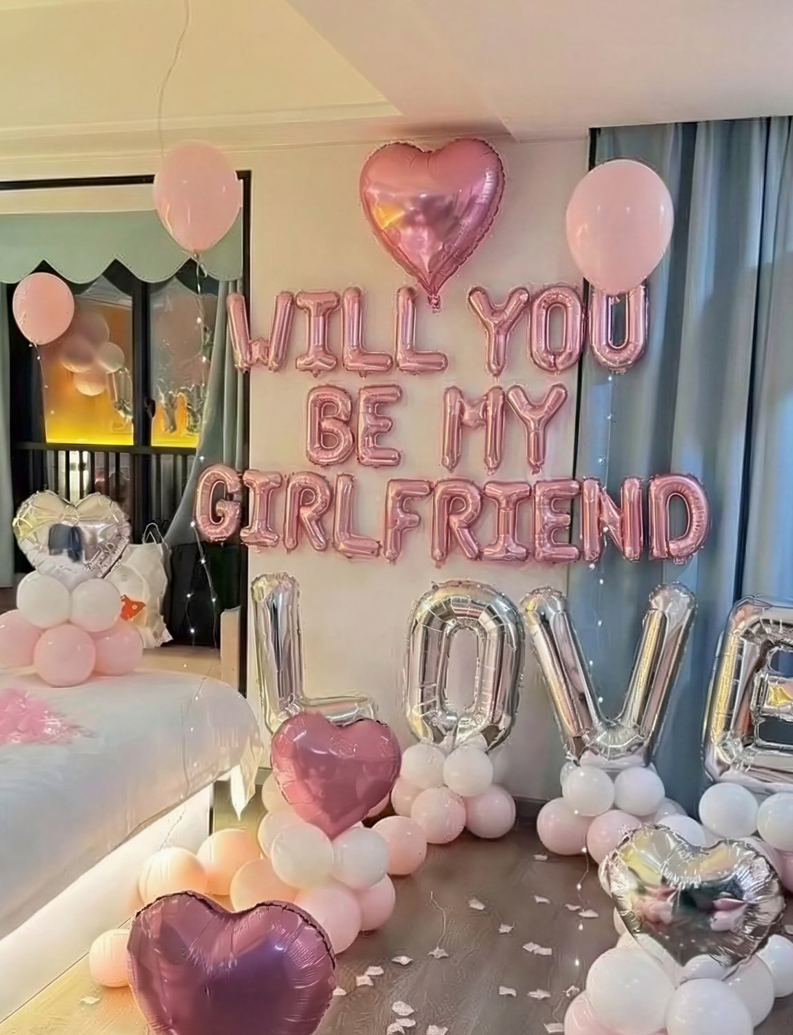Pink Will You Be My Girlfriend Balloons Set, Valentines Day Balloon Banner with Pink Heart Foil Balloon, Romantic Proposal Decoration for Asking Girlfriend, Dating Surprise, Bedroom Decor