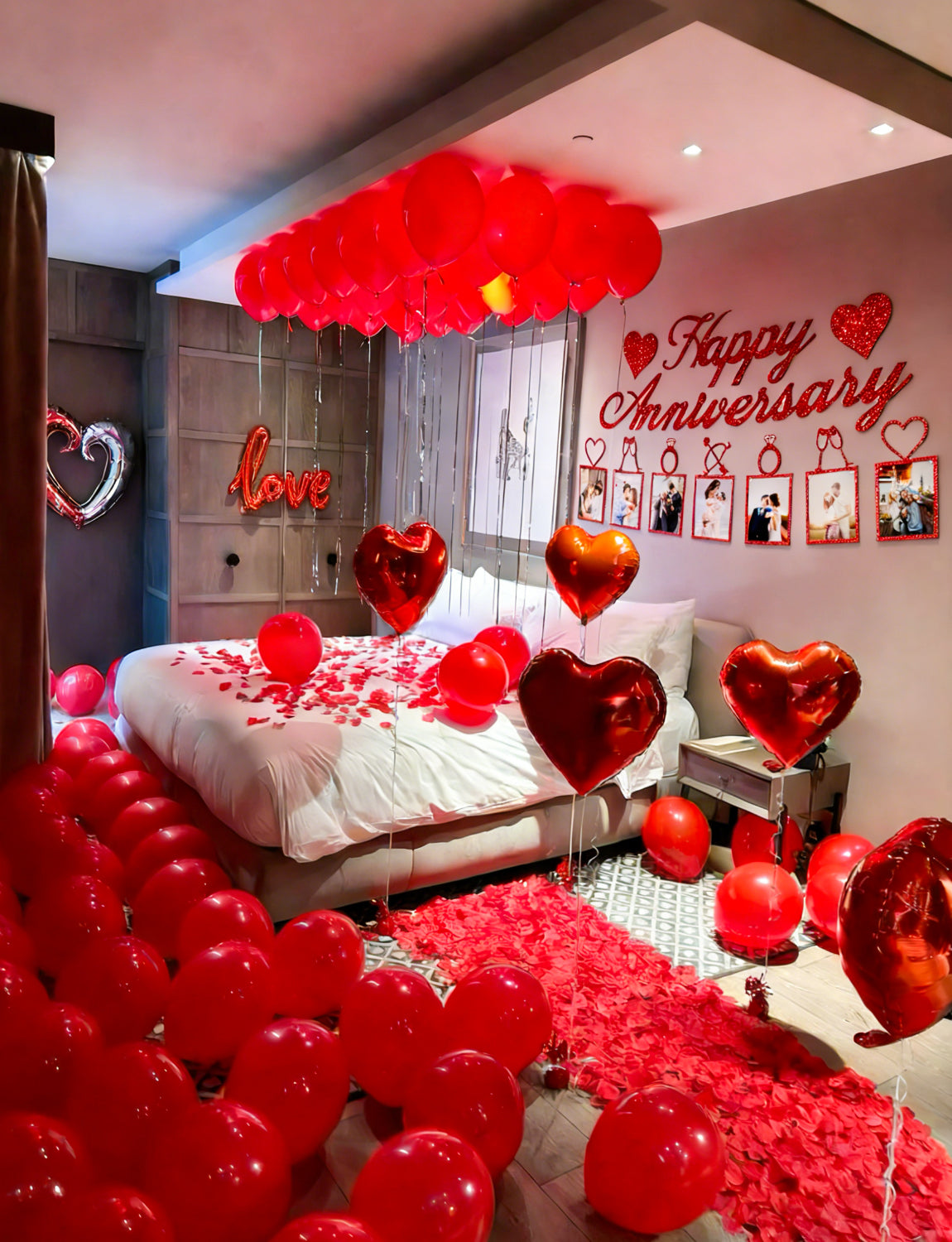 Happy Anniversary Decorations Set, Happy Anniversary Photo Banner, Love Balloon, Red Heart Balloons with Rose Petals, Romantic I Love You Balloons for Valentines Day, Anniversary,Wedding, Proposal