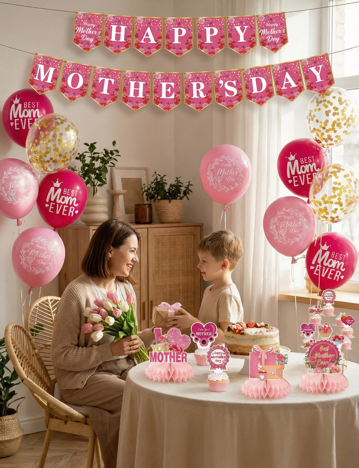 Mothers Day Decorations Set, Pink Happy Mothers Day Banner with Mom Printed Balloons, Cupcake Toppers and Honeycomb Centerpieces, All-in-1 Best Mom Party Supplies for Mother's Day Celebration