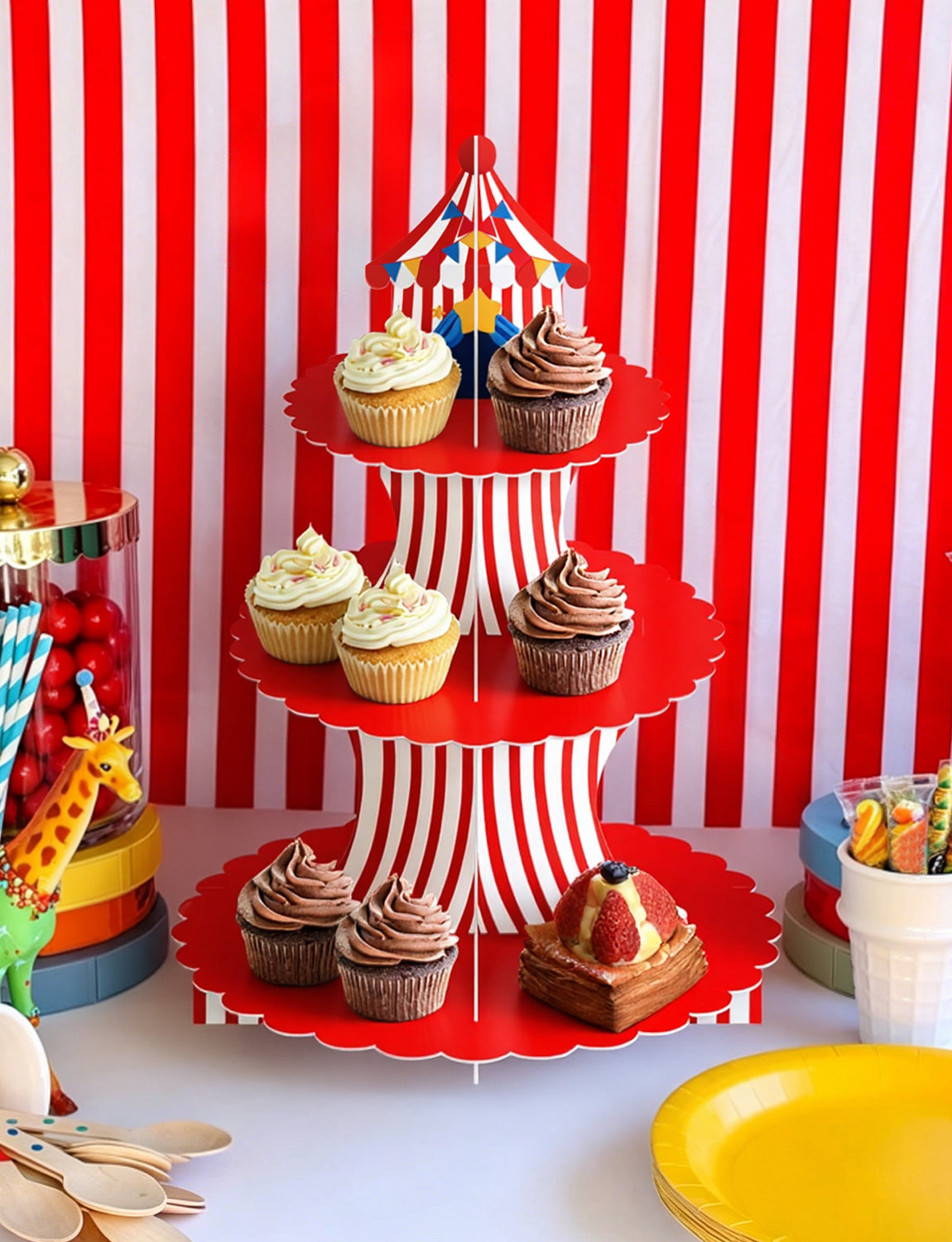 3 Tier Cupcake Stand, Circus Carnival Cupcake Holder for Birthday Circus Tent Cake Stand for Dessert Table Displays, Red White Cardboard Cupcake Stand for Baby Shower and Circus Party Decor