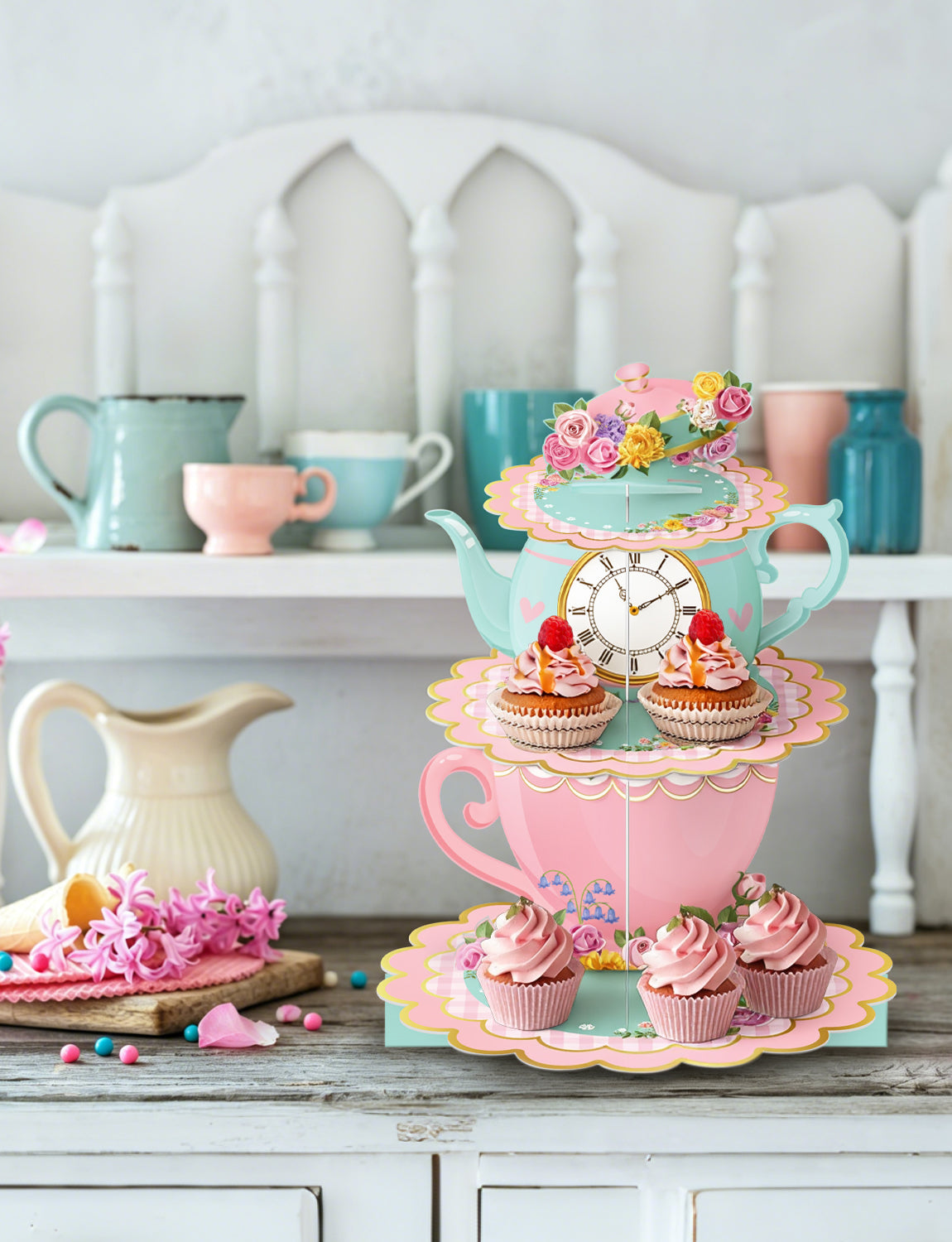 3 Tier Tea Party Cupcake Stand, Floral Teapot Cupcake Holder Large Cardboard Cupcake Stand for Dessert Table Displays, Afternoon Tea Cake Stand for Birthday Baby Shower Tea Party Decor