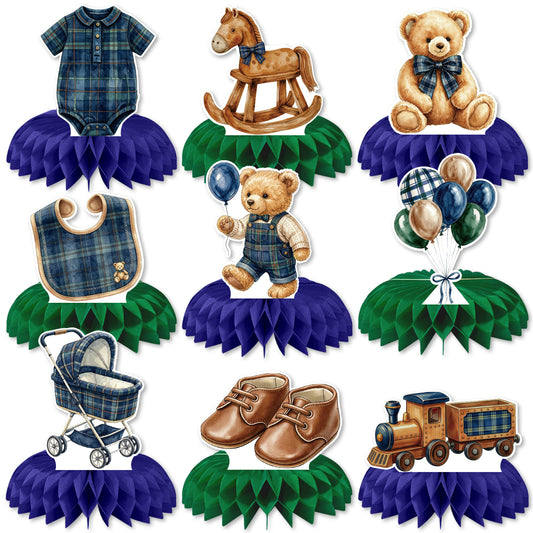 Green Blue Tartan Plaid Table Decor, Teddy Bear Centerpieces 9 Pcs Vintage Bear Baby Shower Decor, 3D Tartan Plaid Teddy Bear Honeycomb Centerpieces for Birthday, Gender Reveal