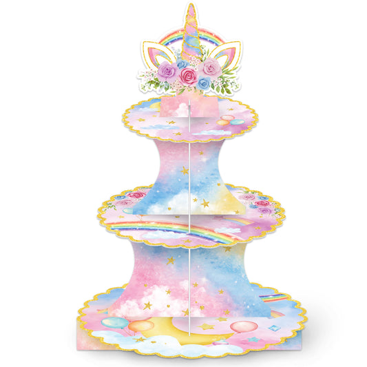 3 Tier Rainbow Cupcake Stand, Pastel CupCake Holder for Birthday Pink Blue Cardboard Cupcake Stand for Dessert Table Display, Rainbow Cup cake Stand for Birthday, Baby Shower, Wedding Decor
