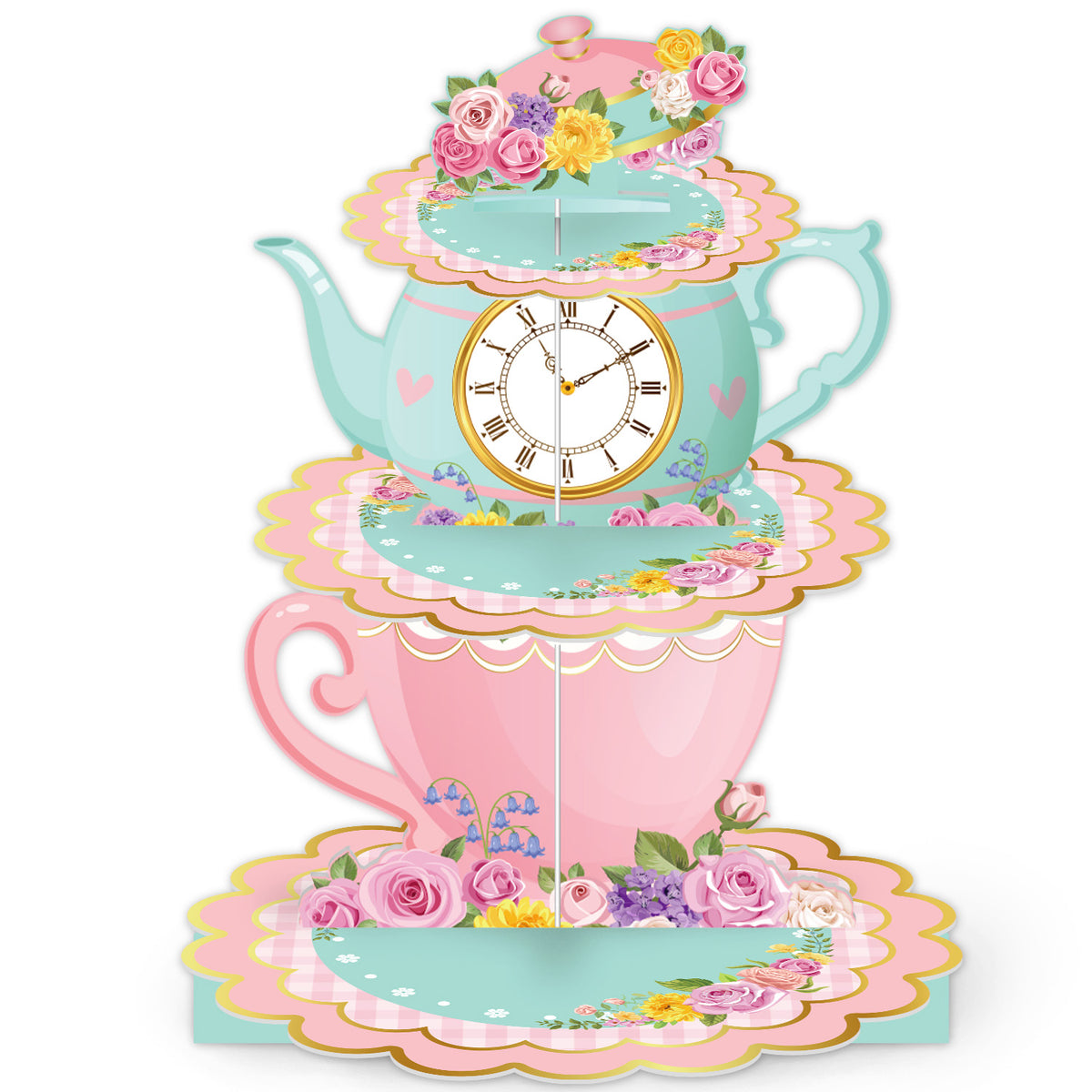 3 Tier Tea Party Cupcake Stand, Floral Teapot Cupcake Holder Large Cardboard Cupcake Stand for Dessert Table Displays, Afternoon Tea Cake Stand for Birthday Baby Shower Tea Party Decor