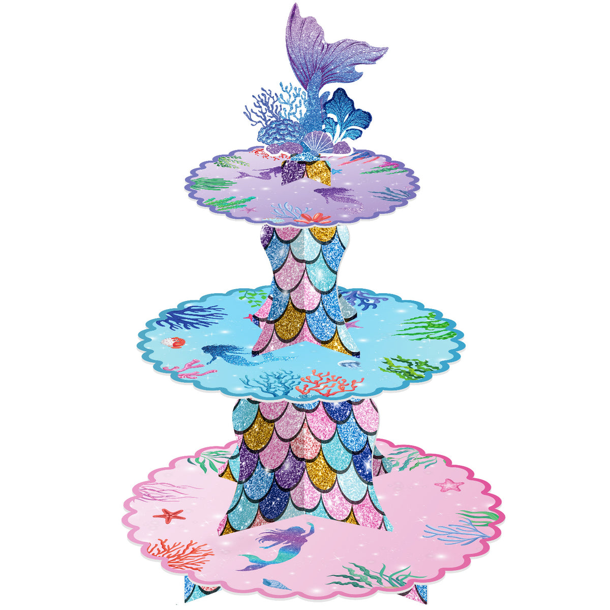 3 Tier Mermaid Cupcake Stand, Mermaid Birthday Party Decorations Mermaid Cupcake Holder for Dessert Table Display, Large Cardboard Cupcake Stand for Baby Shower, Under The Sea Party Supplies