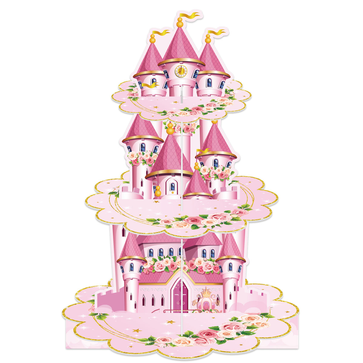 3 Tier Princess Cupcake Stand, Pink Cupcake Holder for Birthday Princess Castle Cake Stand for Dessert Table Display, Cardboard Cupcake Stand for Baby Shower Fairy Princess Party Decoration