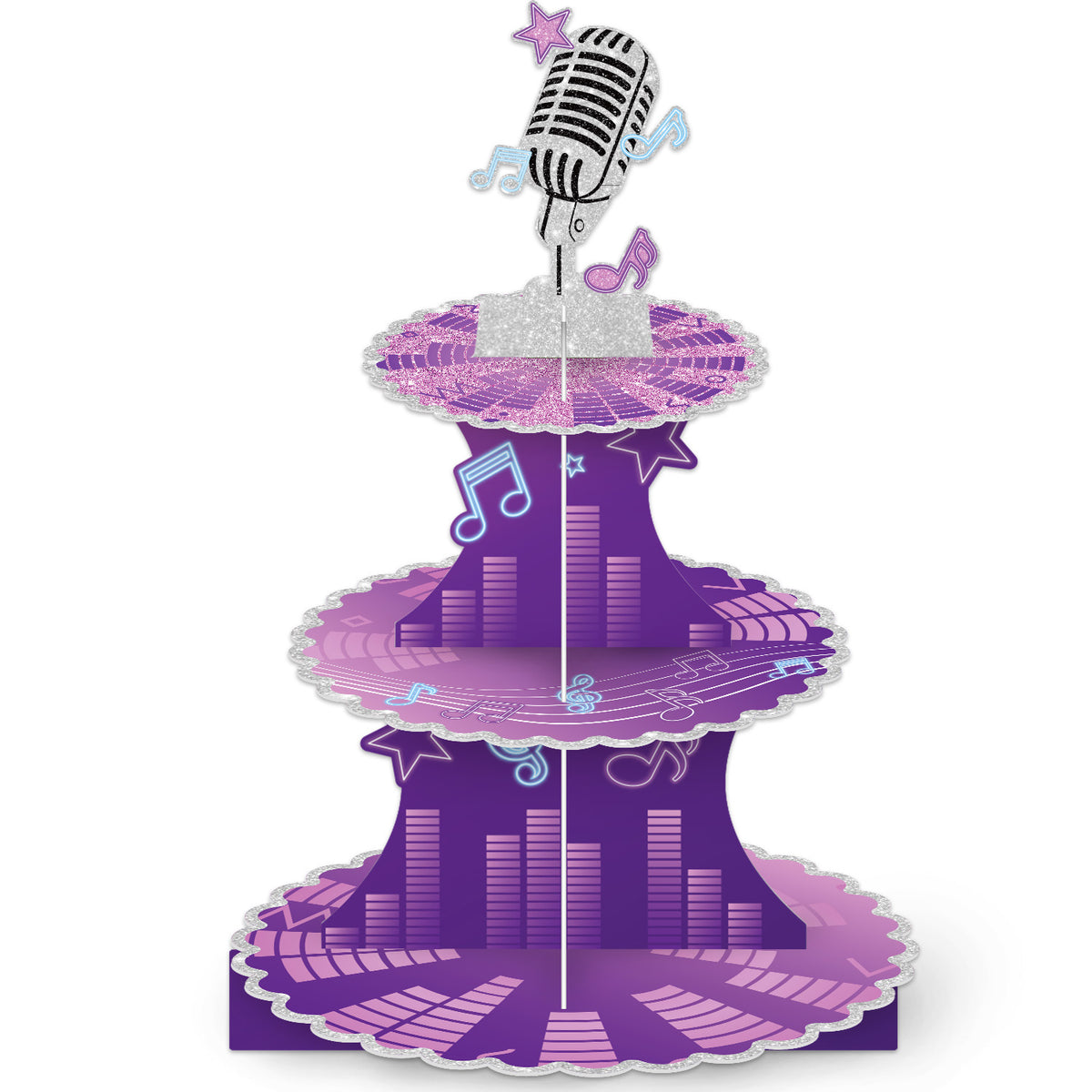 3 Tier Cupcake Stand, Purple Music CupCake Holder for Birthday Large Cardboard CupCake Stand, Music Cup Cake Tower Stand for Dessert Table Displays, Music Birthday Party Decorations