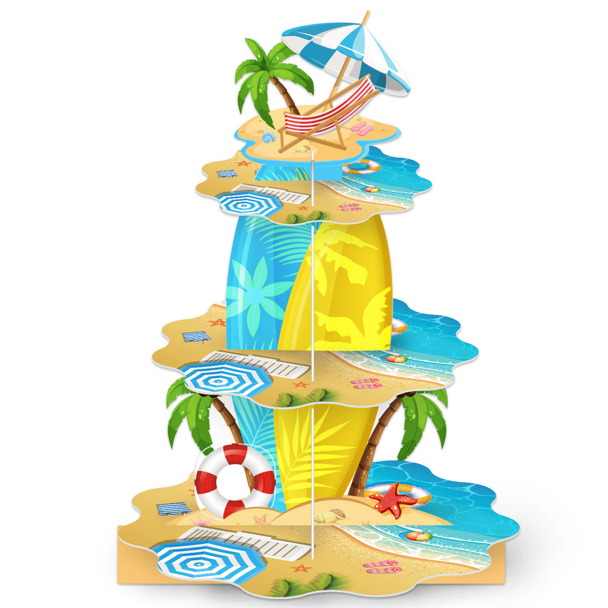 3 Tier Summer Beach Cupcake Stand, Hawaiian Cupcake Holder Stand Large Cardboard Cupcake Stand for Dessert Table Displays, Pool Cup cake Stand for Birthday Baby Shower Beach Tropical Decor