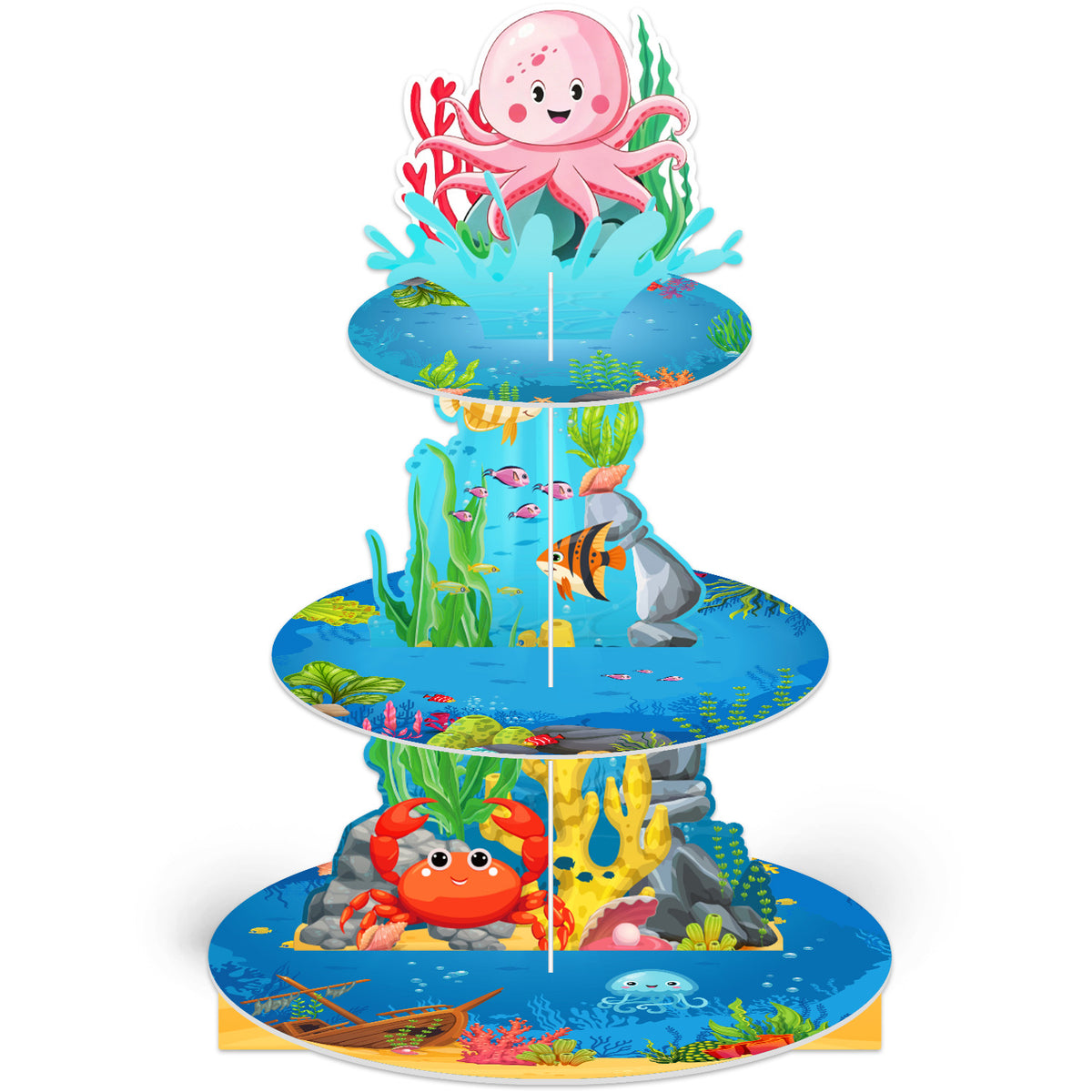 3 Tier Cupcake Stand, Ocean Cupcake Holder for Party Decorations Under the Sea Cup Cake Stand for Dessert Table Display, Cardboard Cupcake Stand for Shark Mermaid Baby Shower Birthday Decor