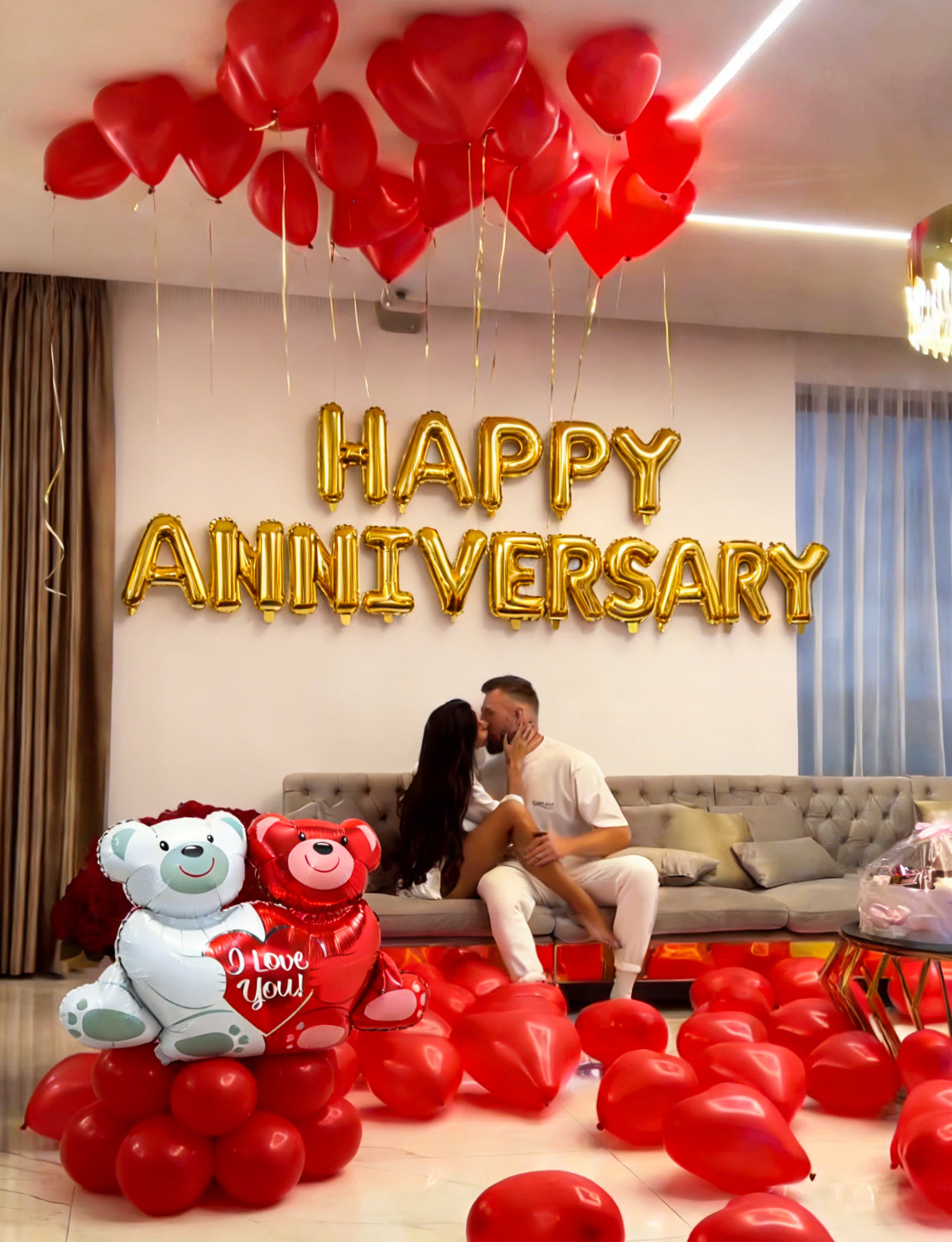 Happy Anniversary Balloon Decorations Set, Red Heart Balloons with Rose Petals, Happy Anniversary Banner, Couple Bear Balloon and Heart Hanging String, Romantic Decor for Valentine's Day,Special Night