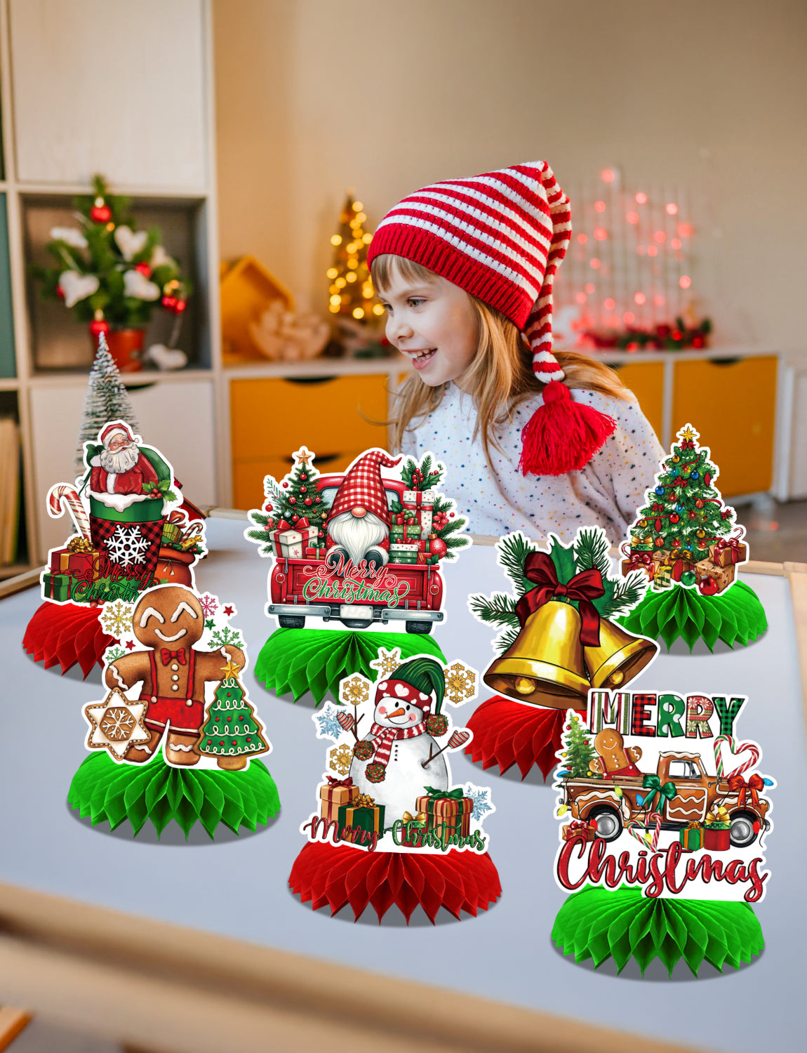 Christmas Party Table Decorations, 9Pcs 3D Christmas Honeycomb Centerpieces with Santa Claus & Snowman Designs, Festive Table Toppers for Winter Christmas Party Supplies