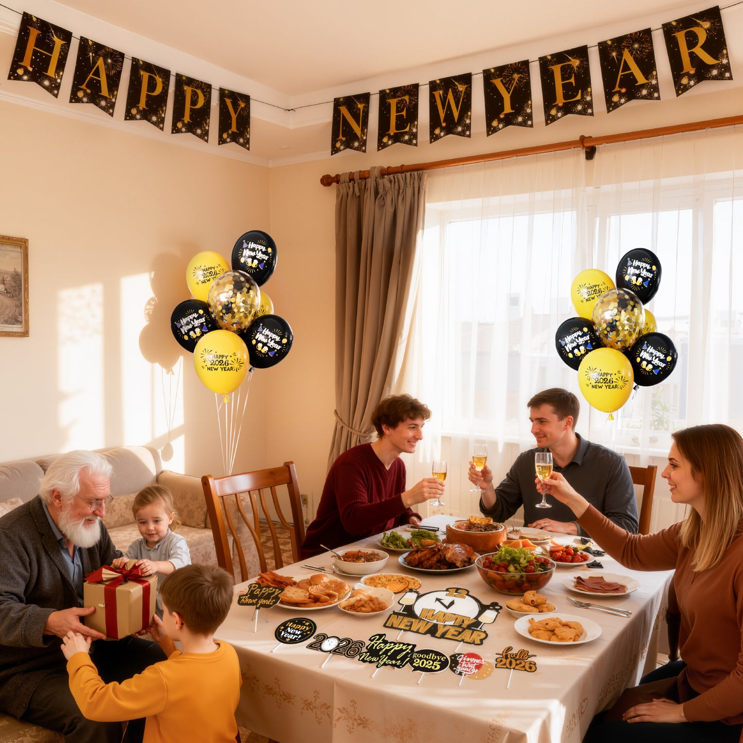 Happy New Year Decorations 2026 Set – Black & Gold Balloons, Happy New Year Banner, Cupcake Toppers, New Years Eve Party Supplies for Countdown Celebration & Home Decor