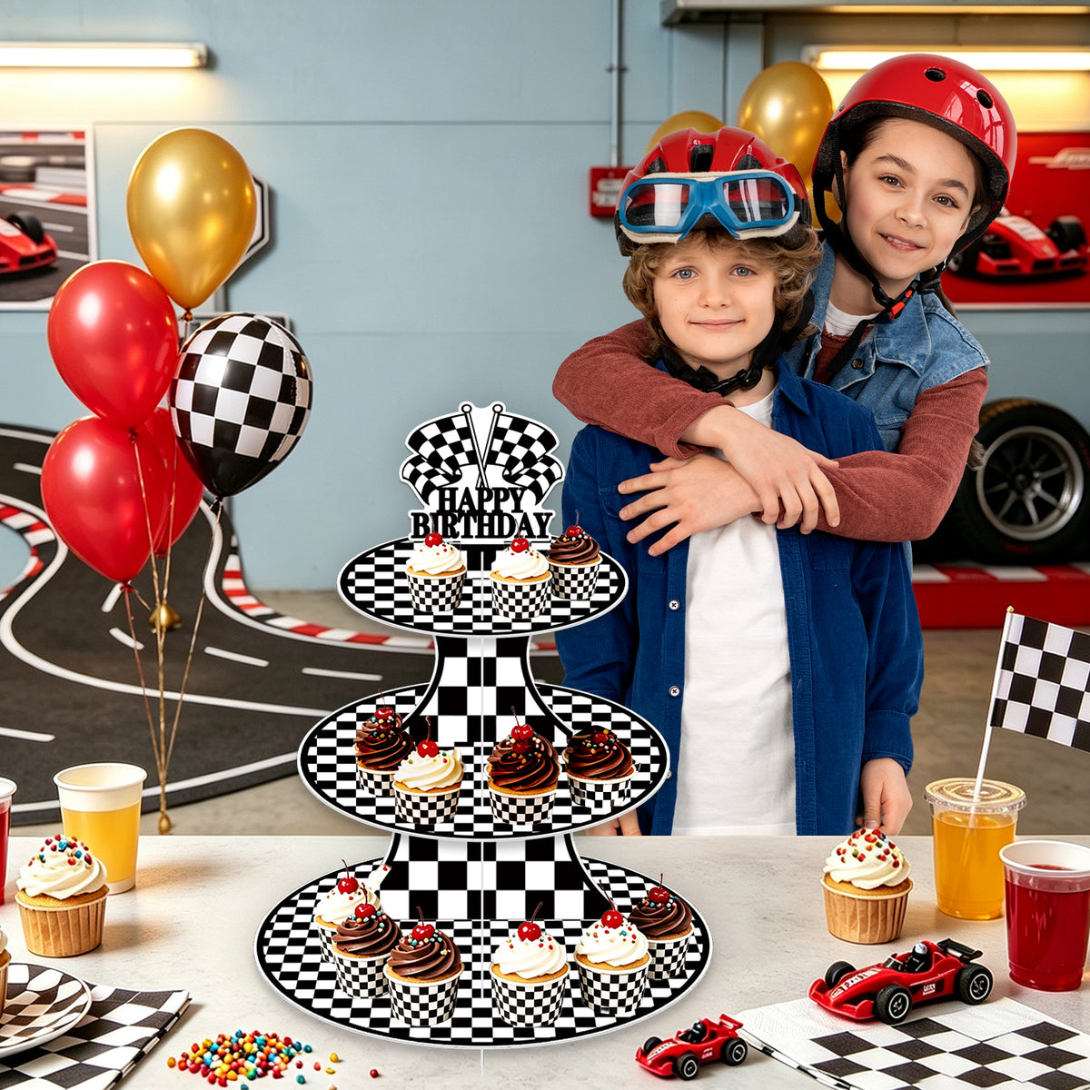 Race Car Cupcake Stand, 3-Tier Checkered Cake Stand for Birthday Large Cardboard Cupcake Stand, Black White Checkered Cupcake Holder for Dessert Table Display, Race Car Birthday Party Decor