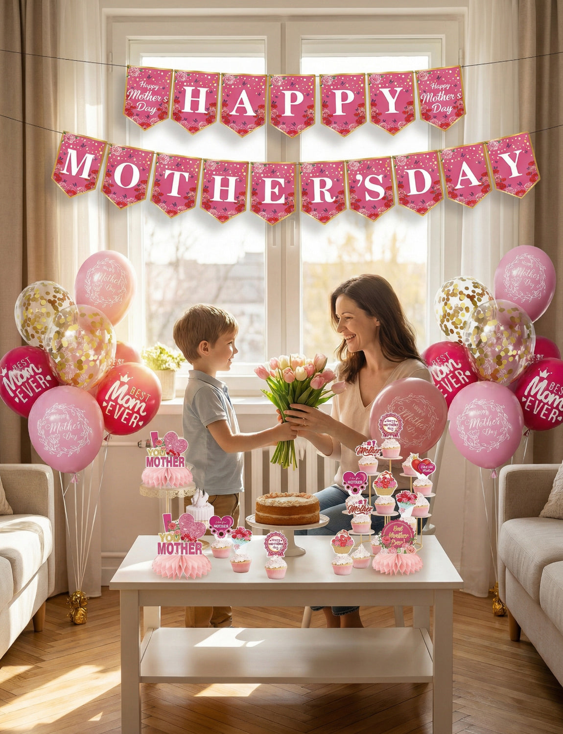 Mothers Day Decorations Set, Pink Happy Mothers Day Banner with Mom Printed Balloons, Cupcake Toppers and Honeycomb Centerpieces, All-in-1 Best Mom Party Supplies for Mother's Day Celebration